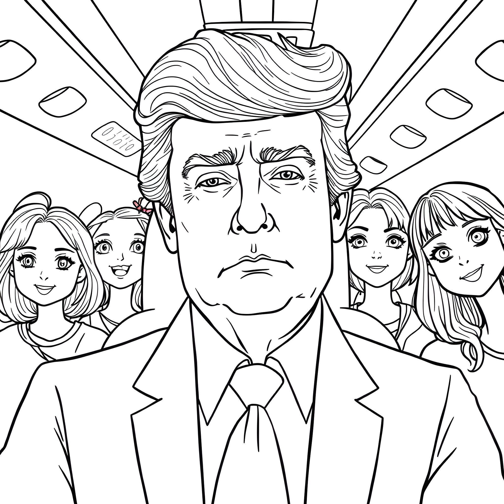 Man in suit with three women in the background Coloring Page (free black-and-white line drawing printable PDF for all, from beginners to advanced learners, including children, teens, adults, and seniors)