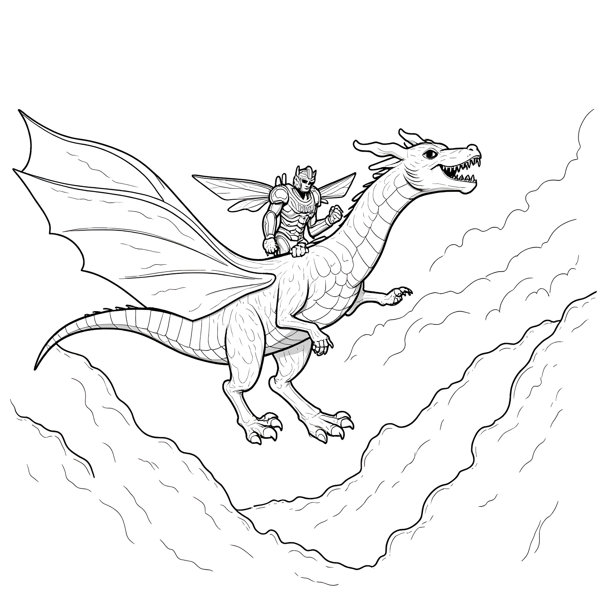 Bumblebee riding a mighty dragon in the sky Coloring Page (free black-and-white line drawing printable PDF for all, from beginners to advanced learners, including children, teens, adults, and seniors)