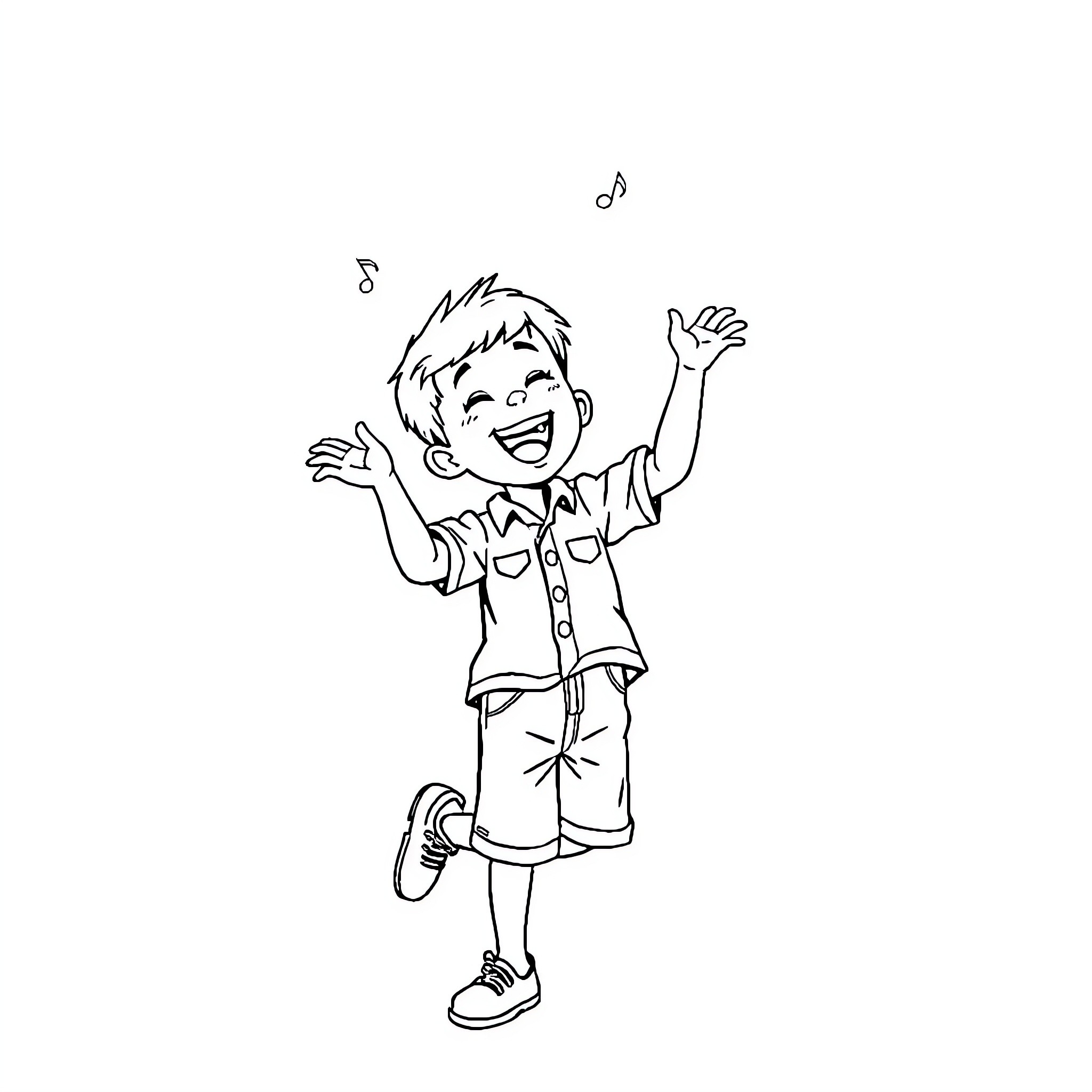 Boy joyfully dancing with music notes Coloring Page (free black-and-white line drawing printable PDF for all, from beginners to advanced learners, including children, teens, adults, and seniors)
