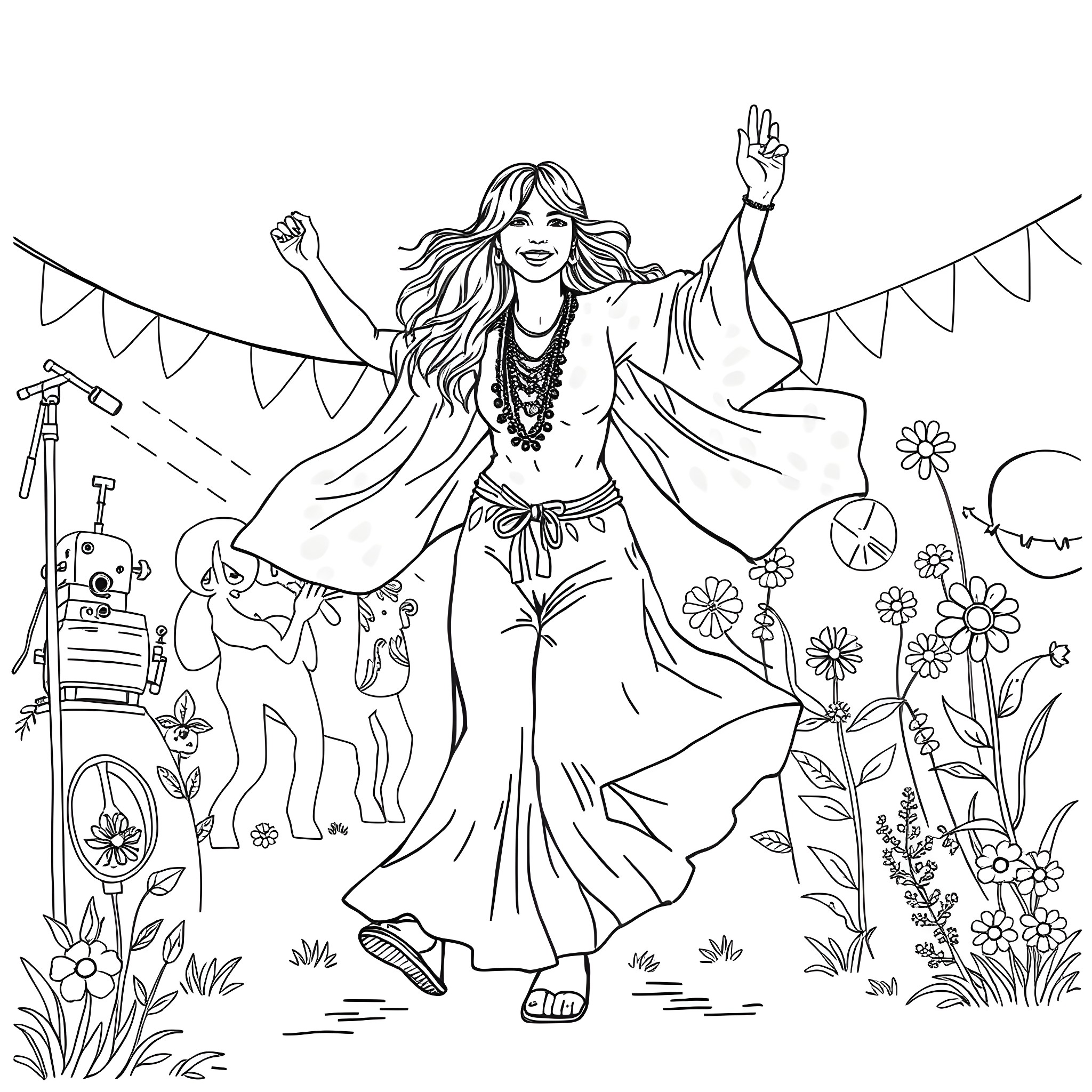 Hippie woman celebrating joyfully in a floral field Coloring Page (free black-and-white line drawing printable PDF for all, from beginners to advanced learners, including children, teens, adults, and seniors)