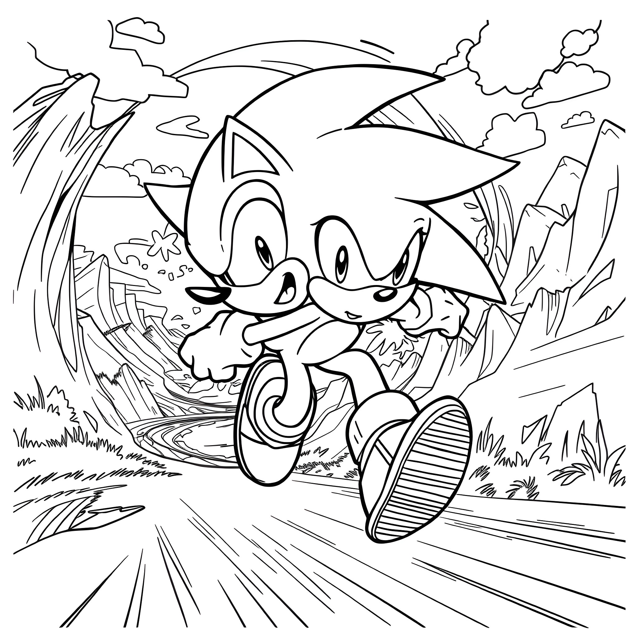 Sonic the Hedgehog running through the scenic landscape Coloring Page (free black-and-white line drawing printable PDF for all, from beginners to advanced learners, including children, teens, adults, and seniors)