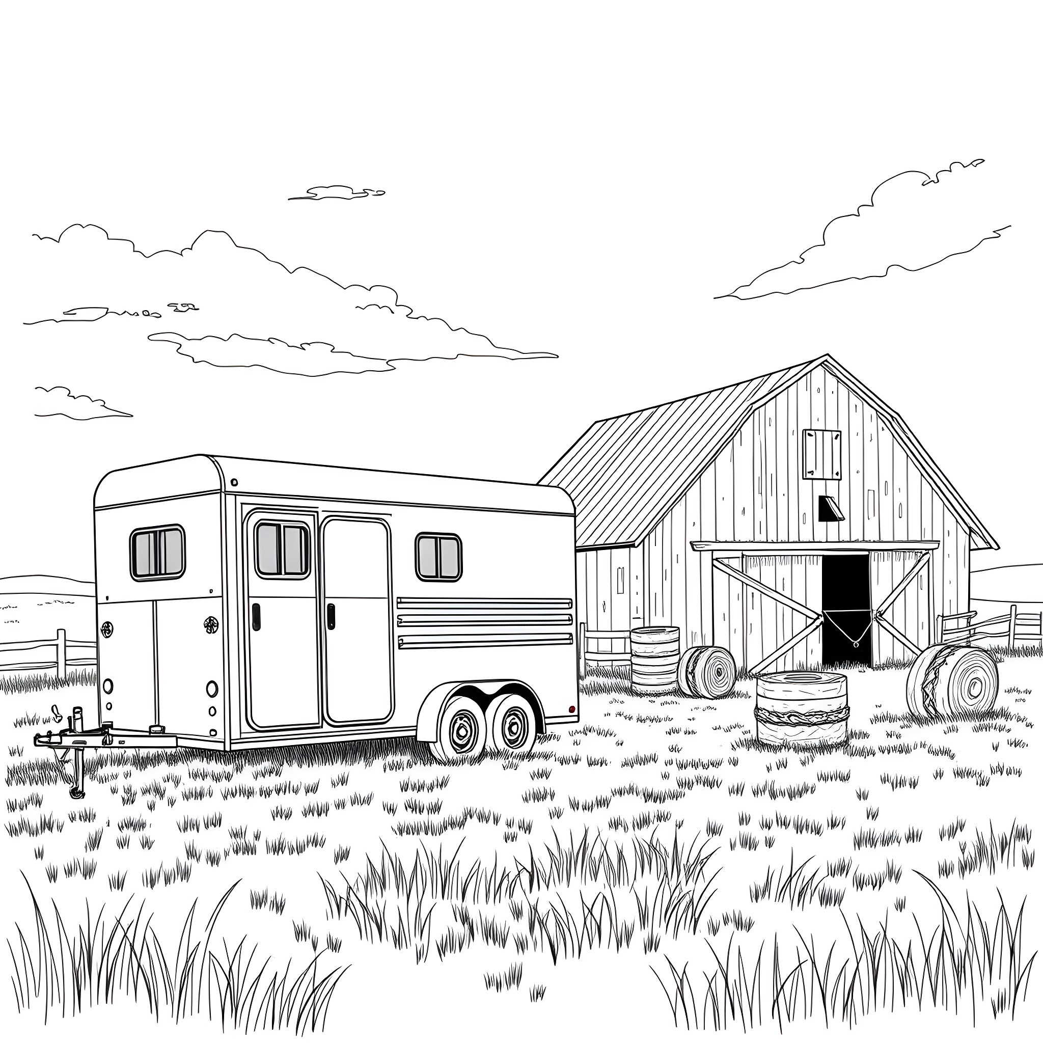 Horse Trailer in a Rustic Farm Landscape Coloring Page (free black-and-white line drawing printable PDF for all, from beginners to advanced learners, including children, teens, adults, and seniors)