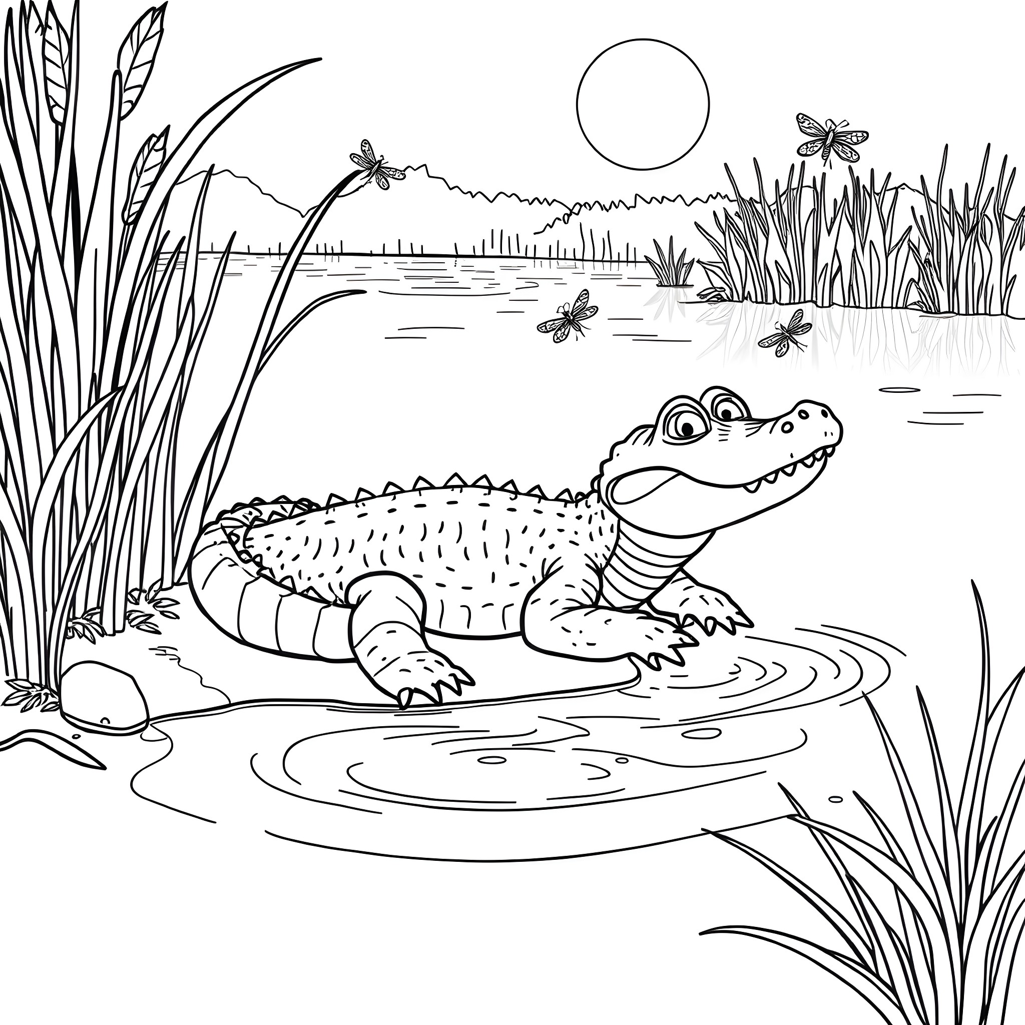 Alligator swimming in a tranquil pond Coloring Page (free black-and-white line drawing printable PDF for all, from beginners to advanced learners, including children, teens, adults, and seniors)