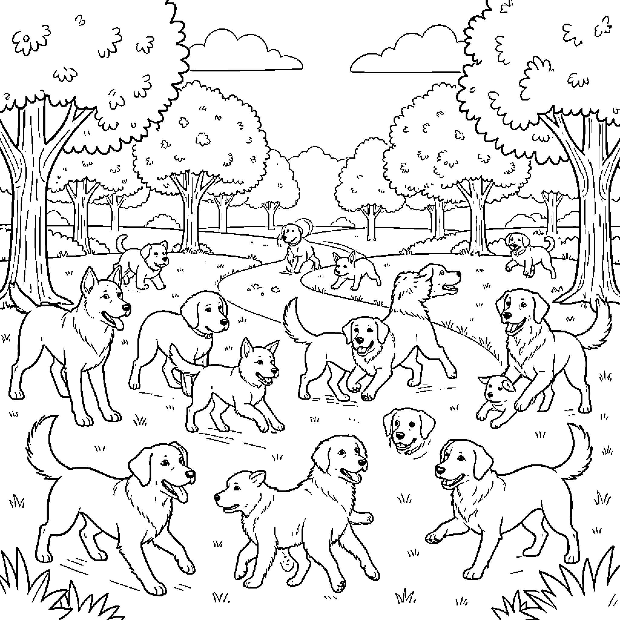 Dog playing and running in a park with friends Coloring Page (free black-and-white line drawing printable PDF for all, from beginners to advanced learners, including children, teens, adults, and seniors)