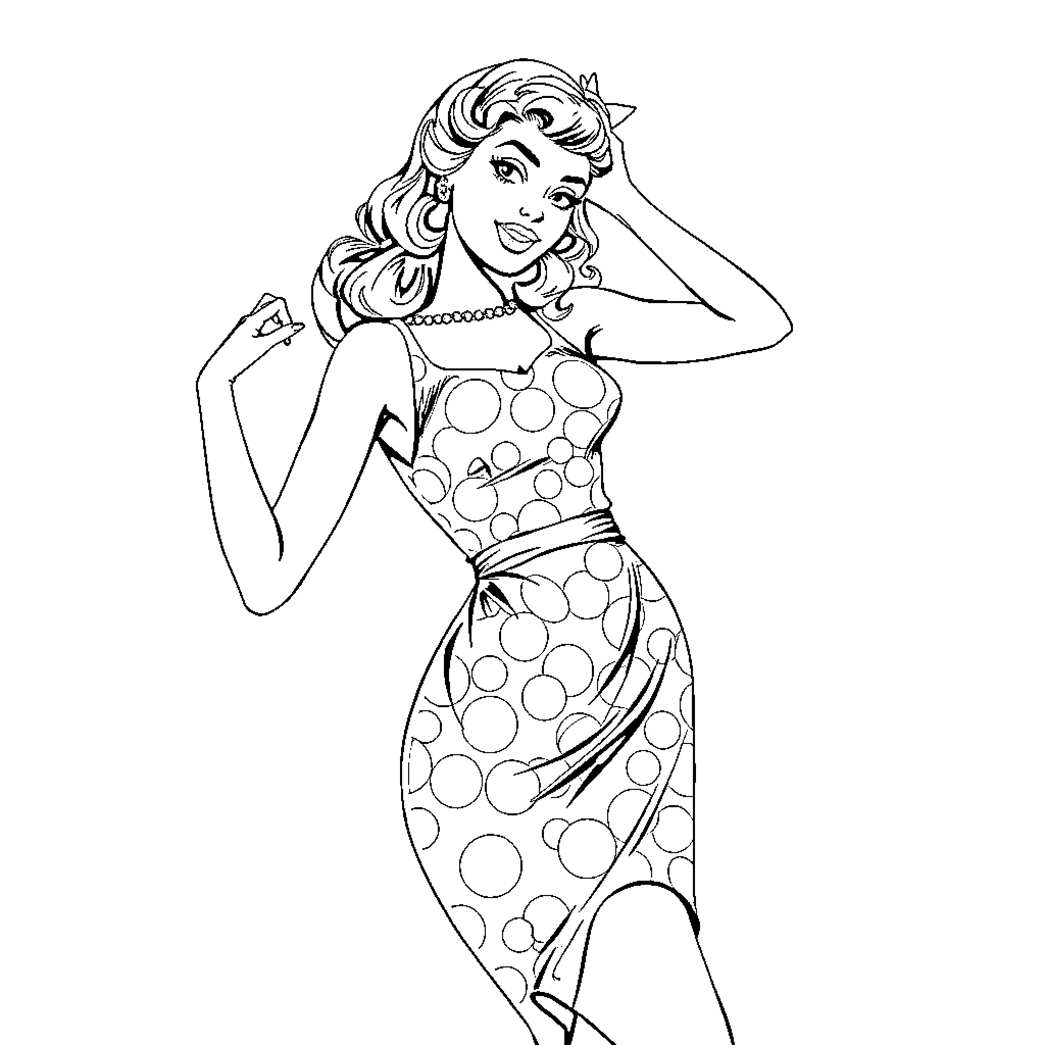 Pin Up Girl Posing with Confident Charm Coloring Page (free black-and-white line drawing printable PDF for all, from beginners to advanced learners, including children, teens, adults, and seniors)