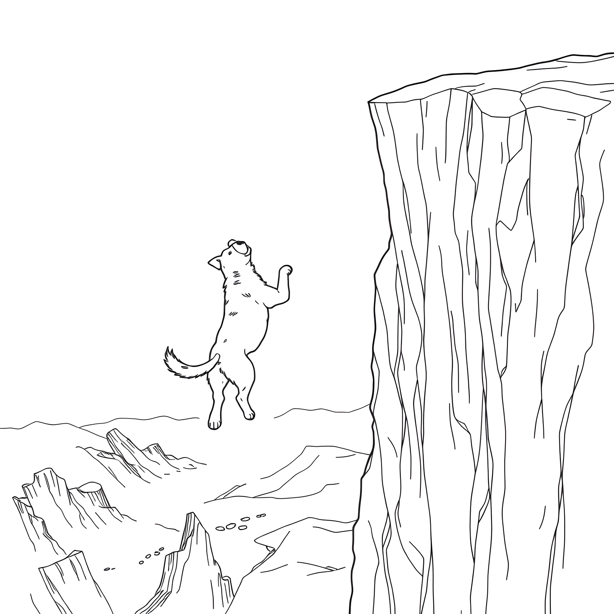 Dog climbing up a rocky cliff Coloring Page (free black-and-white line drawing printable PDF for all, from beginners to advanced learners, including children, teens, adults, and seniors)