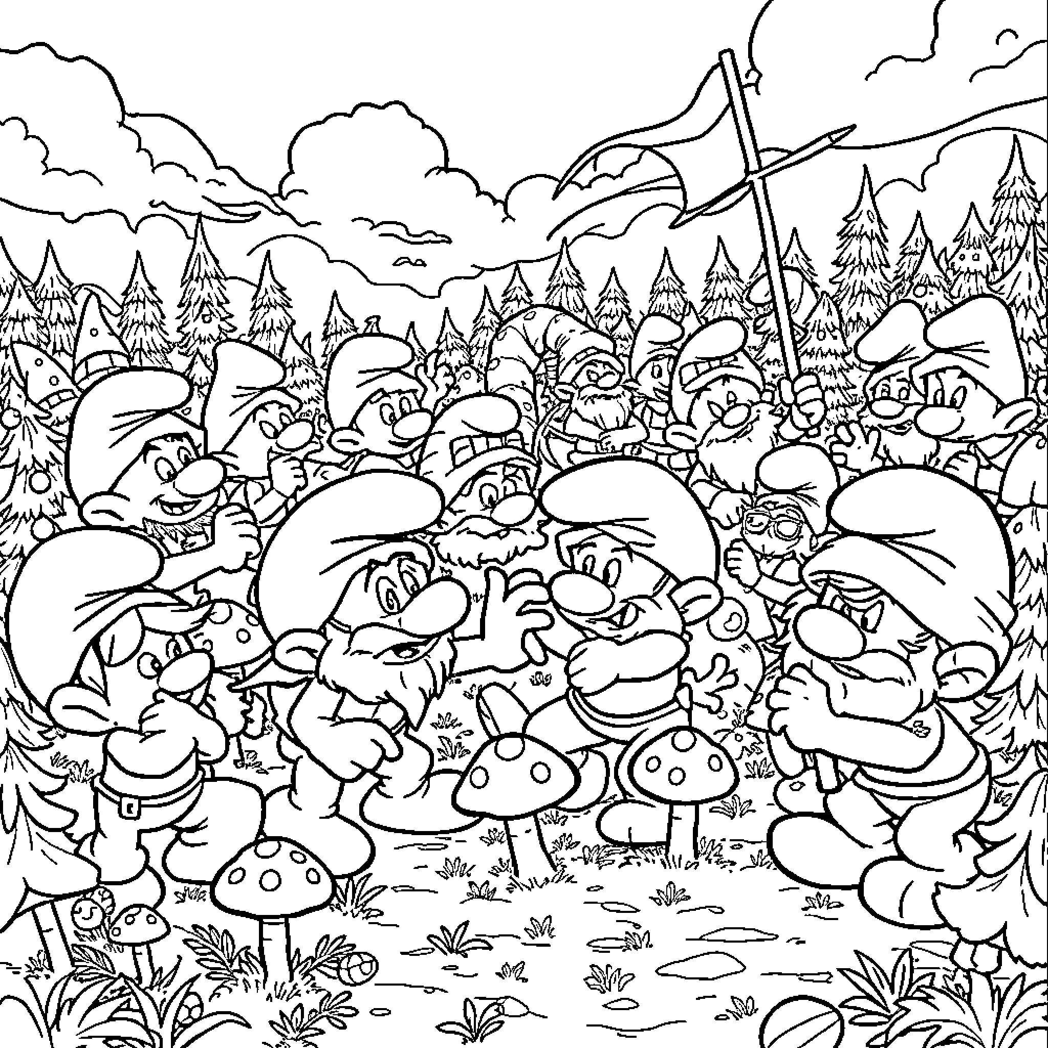Smurf Village Adventure in the Forest Coloring Page (free black-and-white line drawing printable PDF for all, from beginners to advanced learners, including children, teens, adults, and seniors)