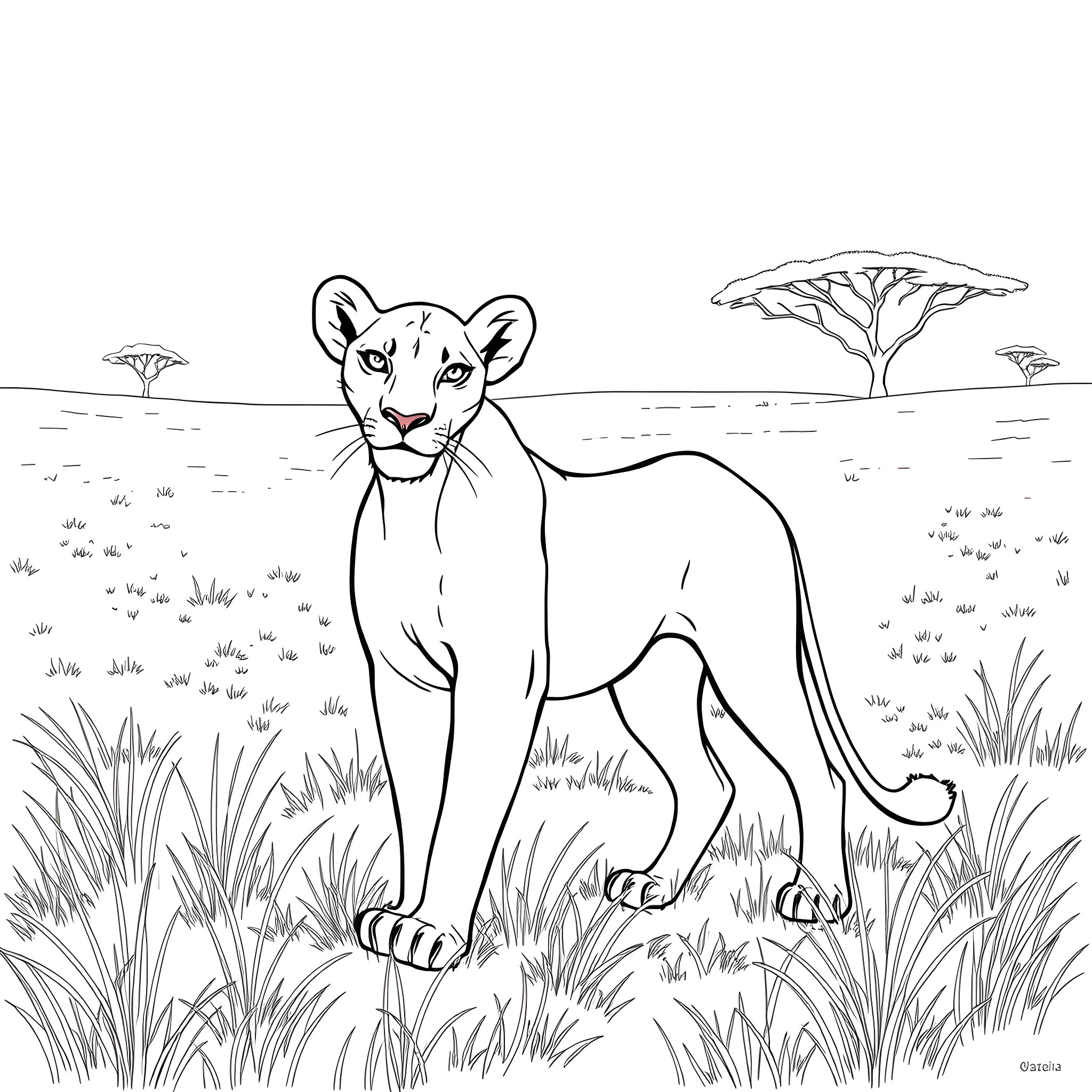 Nala exploring the African savanna Coloring Page (free black-and-white line drawing printable PDF for all, from beginners to advanced learners, including children, teens, adults, and seniors)