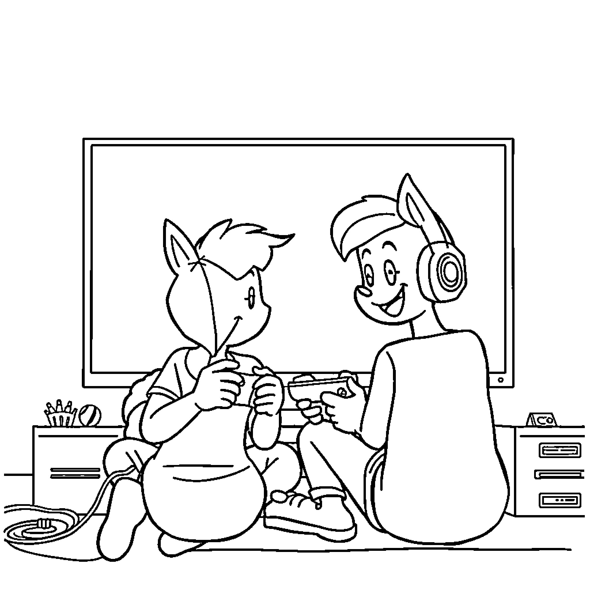 Trallalero: Playful Gamers Enjoying Video Game Together Coloring Page (free black-and-white line drawing printable PDF for all, from beginners to advanced learners, including children, teens, adults, and seniors)