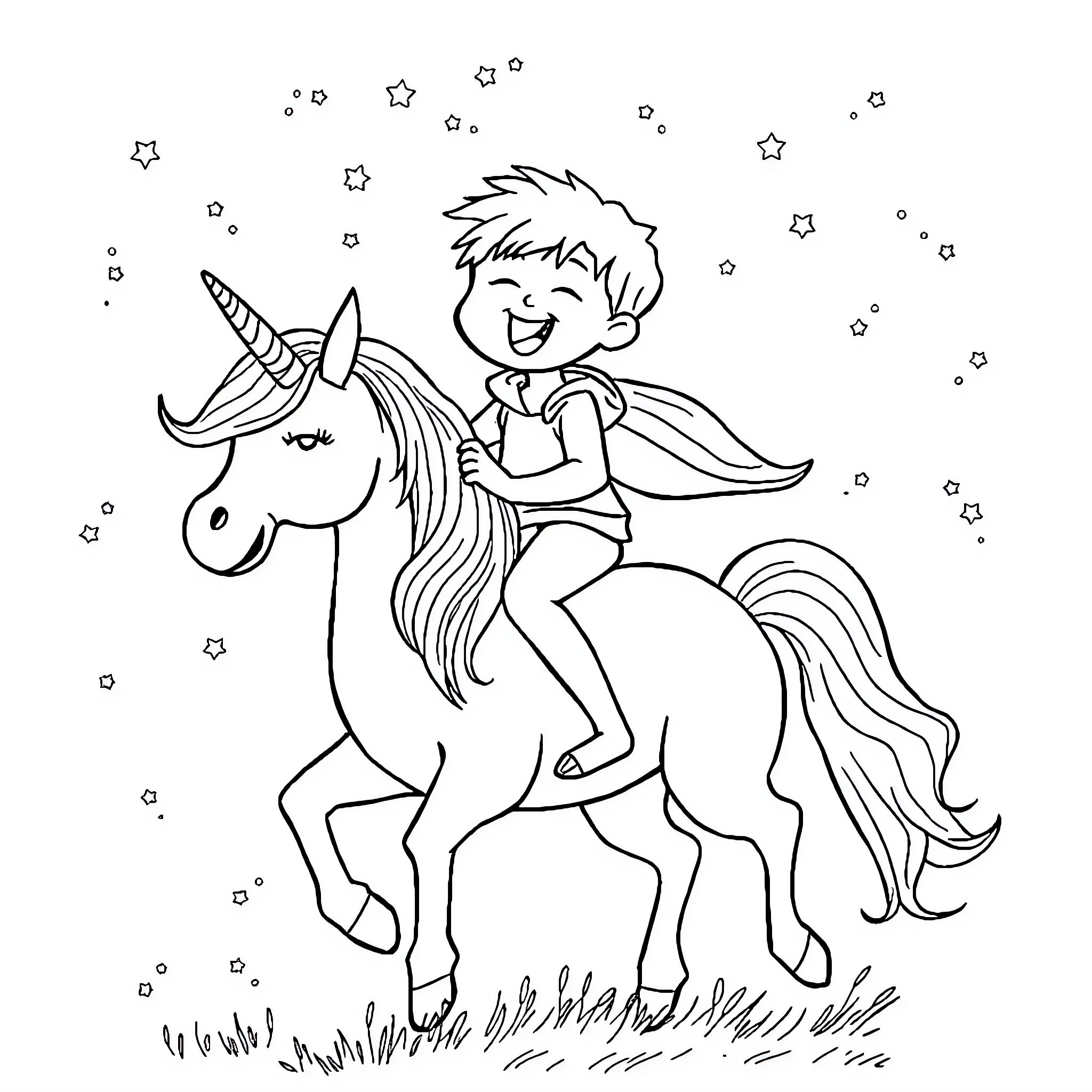 Unicorn Ride Through Starry Night Coloring Page (free black-and-white line drawing printable PDF for all, from beginners to advanced learners, including children, teens, adults, and seniors)