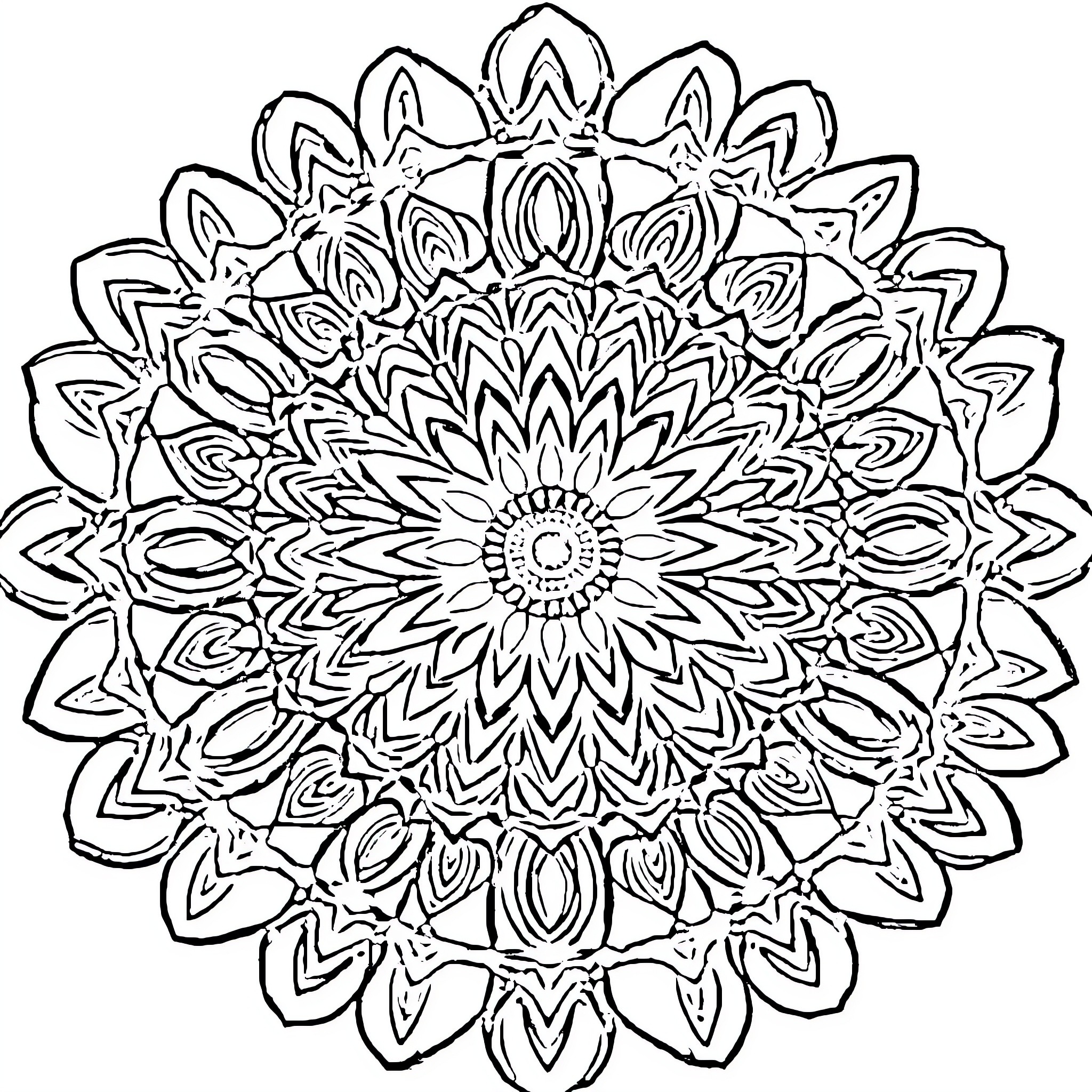 Mandala of intricate floral design Coloring Page (free black-and-white line drawing printable PDF for all, from beginners to advanced learners, including children, teens, adults, and seniors)