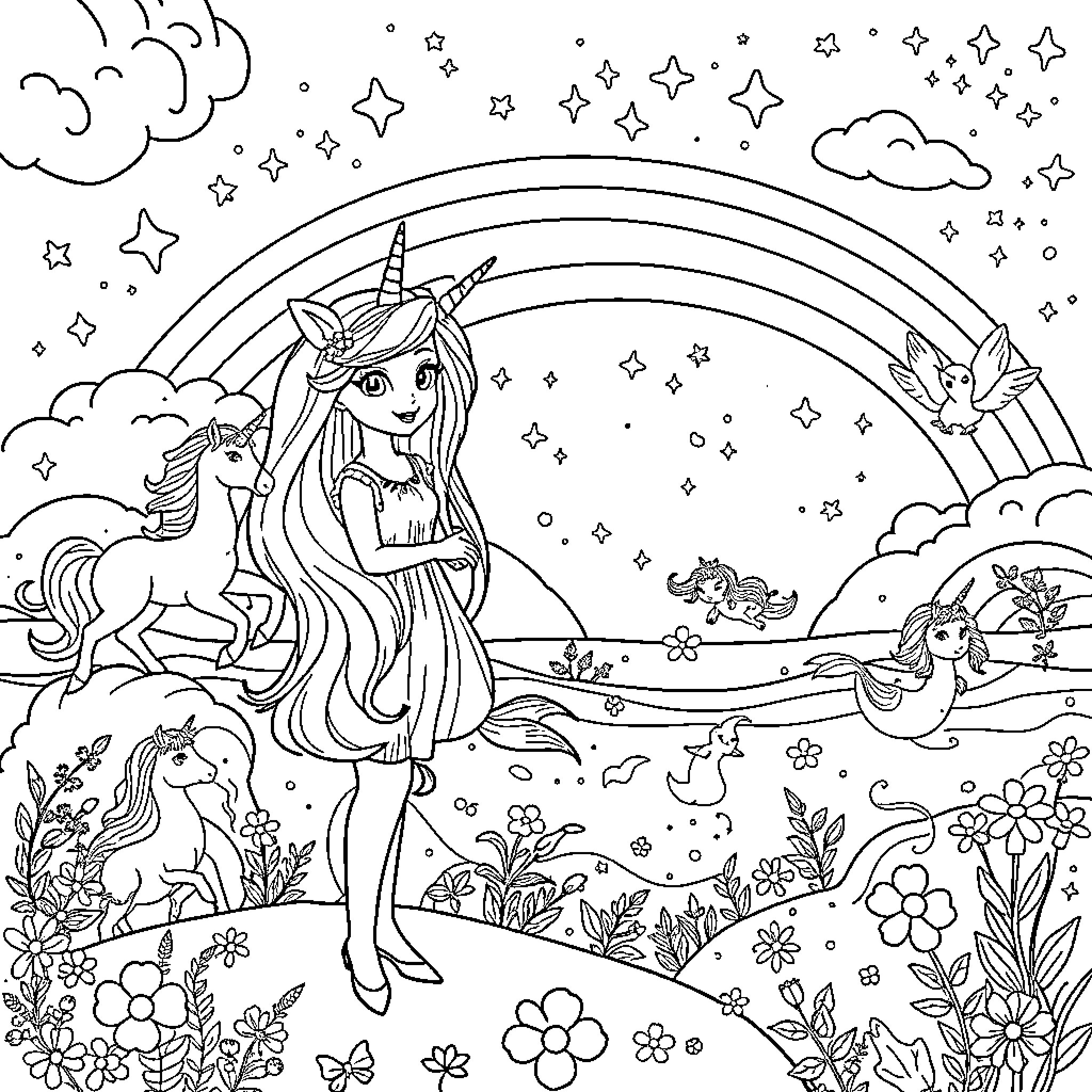 Scarlett's Enchanting Unicorn Adventure Coloring Page (free black-and-white line drawing printable PDF for all, from beginners to advanced learners, including children, teens, adults, and seniors)