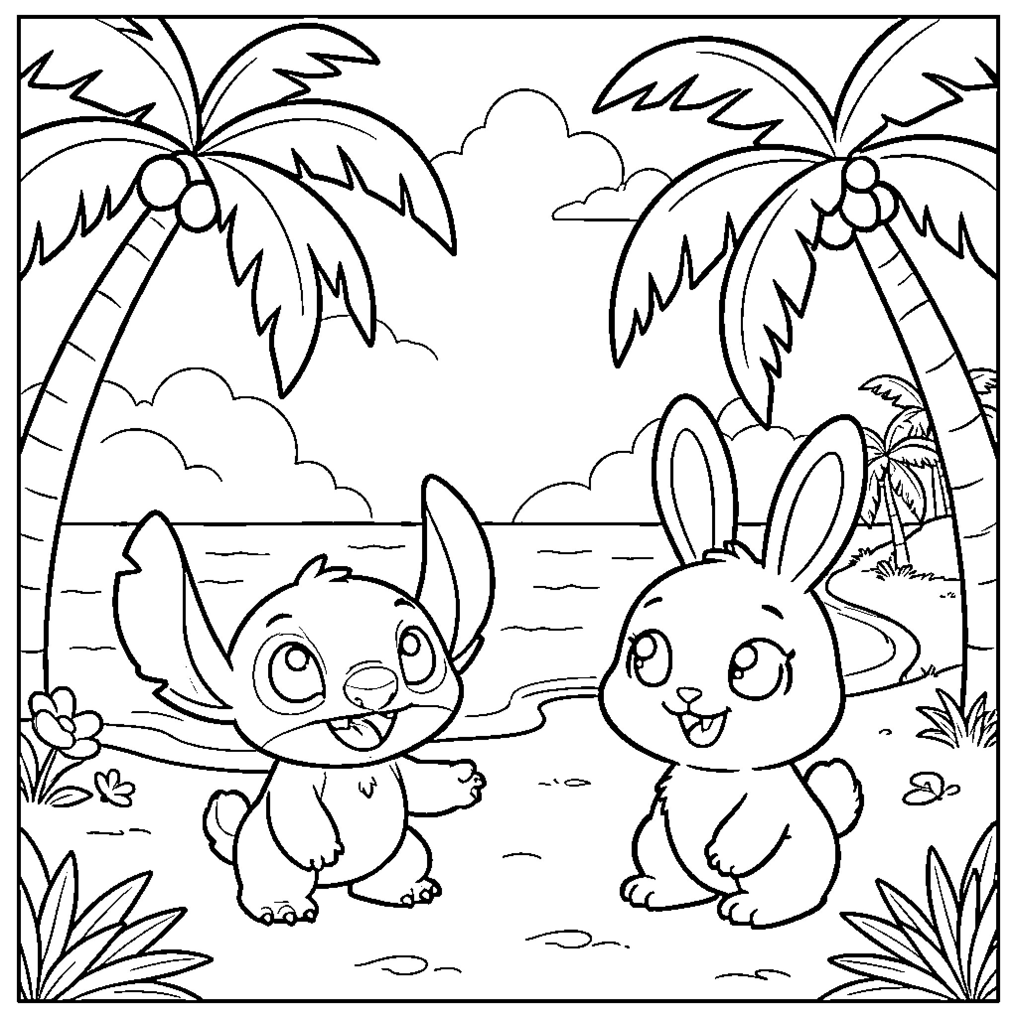 Coconut Tree Coloring Page with Playful Creatures Coloring Page (free black-and-white line drawing printable PDF for all, from beginners to advanced learners, including children, teens, adults, and seniors)