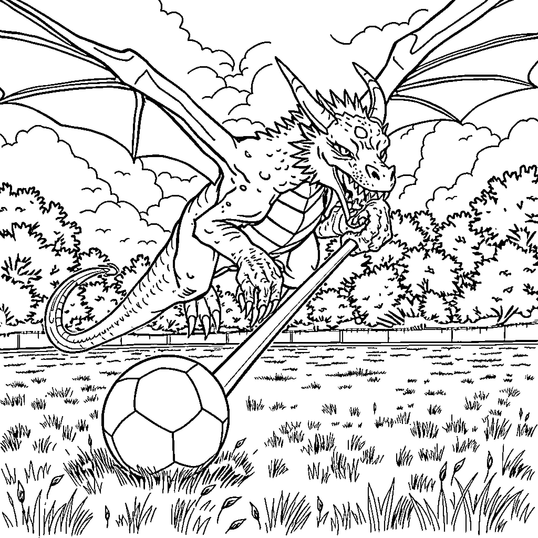 Dragon fiercely guarding a soccer ball in the wild Coloring Page (free black-and-white line drawing printable PDF for all, from beginners to advanced learners, including children, teens, adults, and seniors)