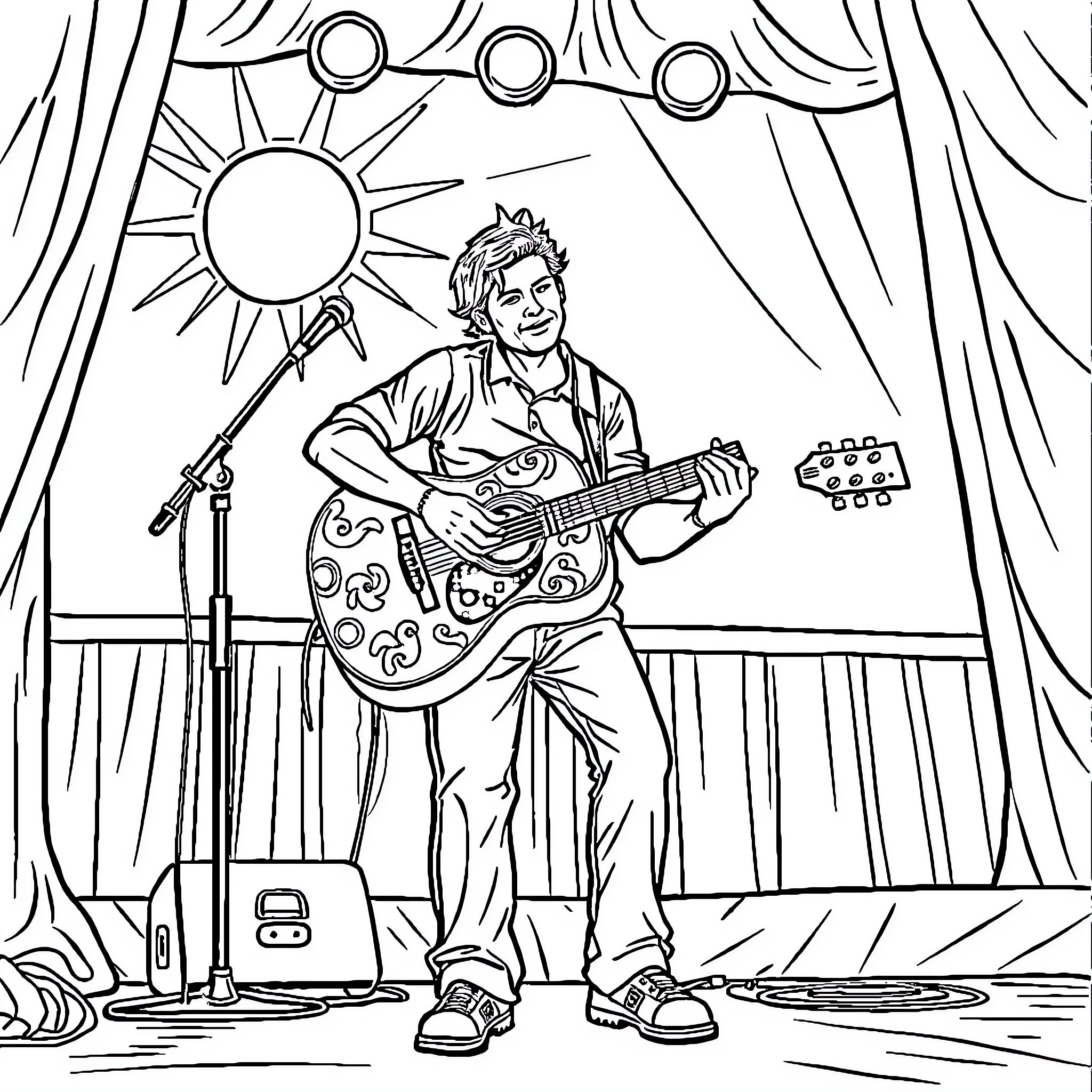 Guitar Player Performing on Stage Coloring Page (free black-and-white line drawing printable PDF for all, from beginners to advanced learners, including children, teens, adults, and seniors)