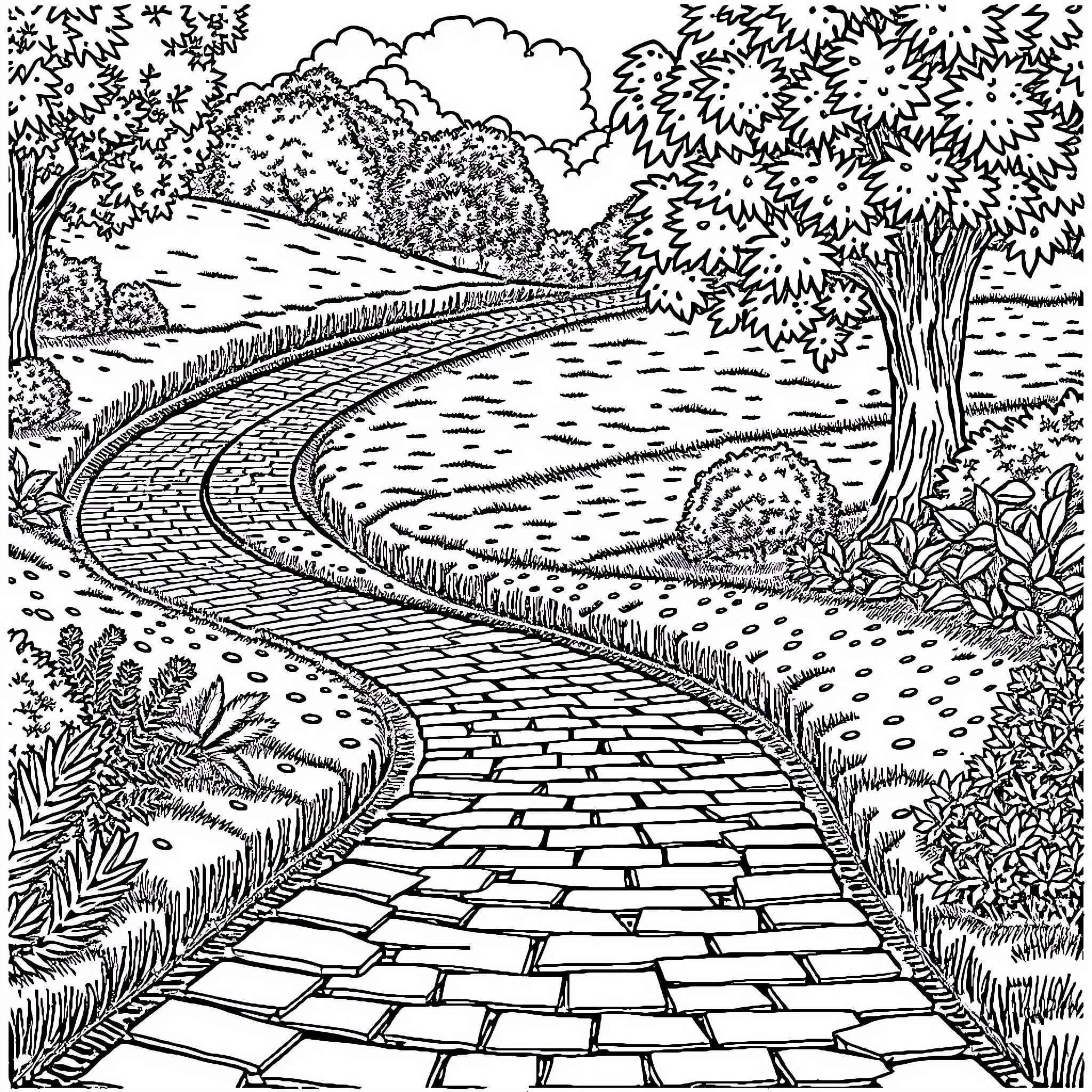 Brick Road Through Lush Forest Landscape Coloring Page (free black-and-white line drawing printable PDF for all, from beginners to advanced learners, including children, teens, adults, and seniors)