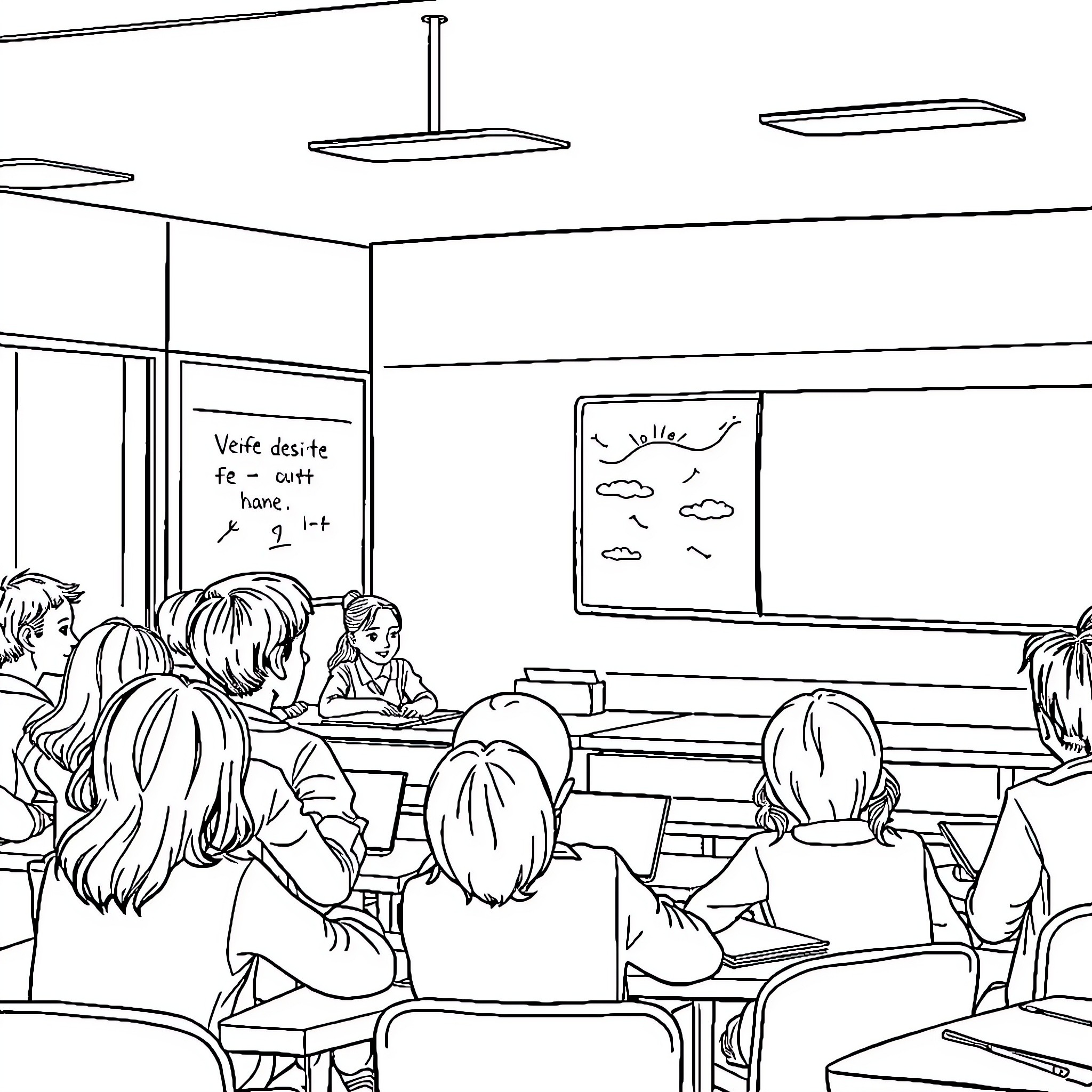 Professeur enseignant dans une salle de classe Coloring Page (free black-and-white line drawing printable PDF for all, from beginners to advanced learners, including children, teens, adults, and seniors)