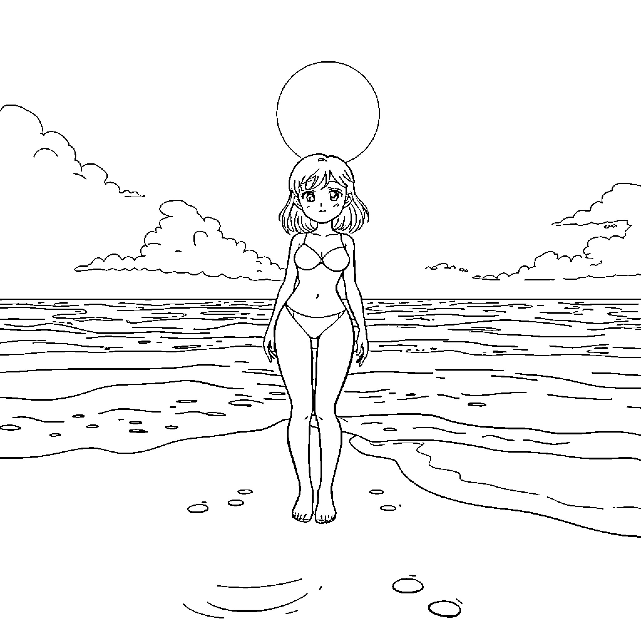 Nami enjoying a day at the beach Coloring Page (free black-and-white line drawing printable PDF for all, from beginners to advanced learners, including children, teens, adults, and seniors)