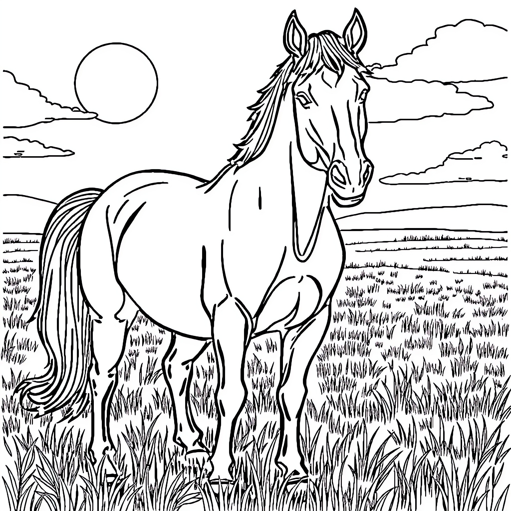 Horse standing proudly in a grassy field Coloring Page (free black-and-white line drawing printable PDF for all, from beginners to advanced learners, including children, teens, adults, and seniors)