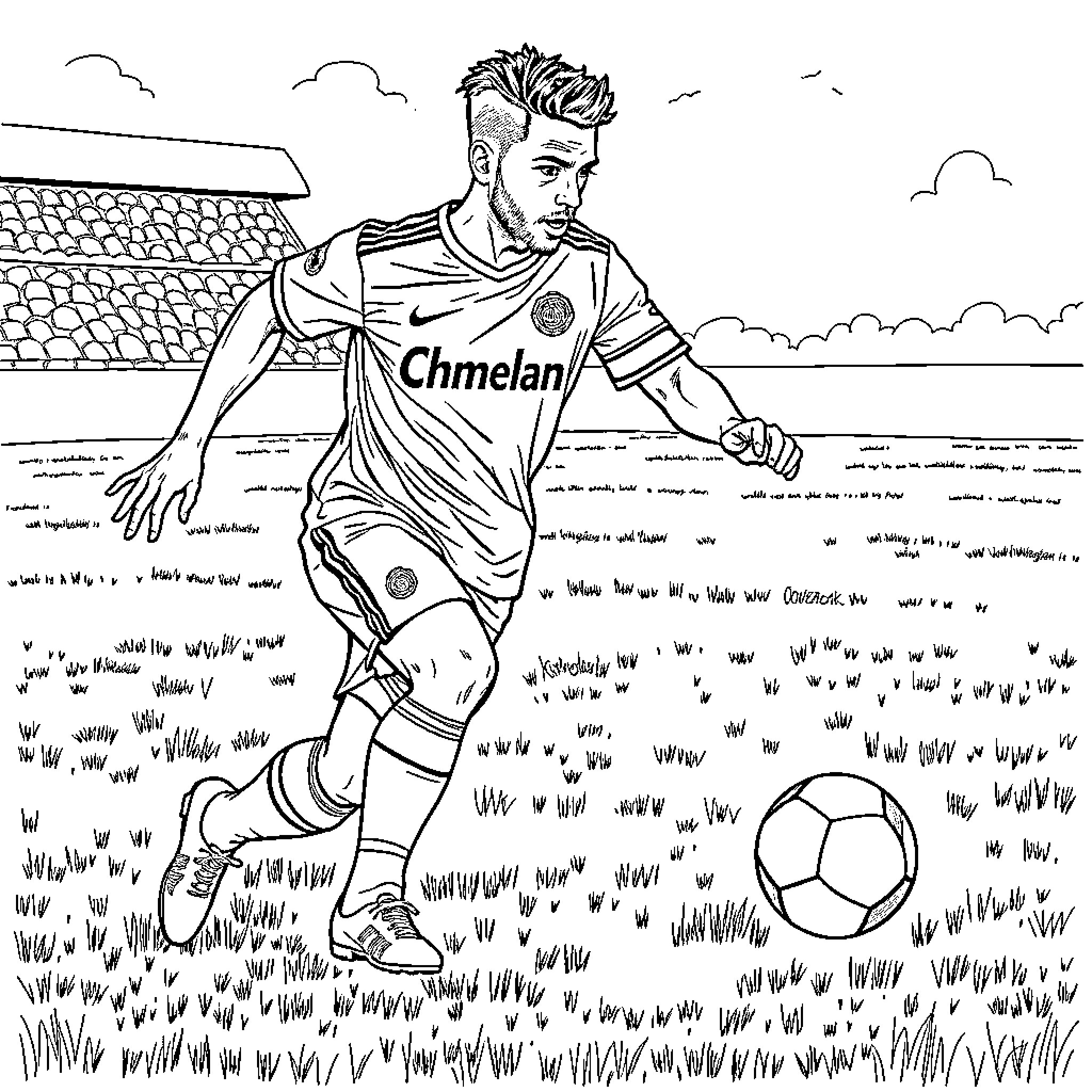 Footballer in action on the field Coloring Page (free black-and-white line drawing printable PDF for all, from beginners to advanced learners, including children, teens, adults, and seniors)