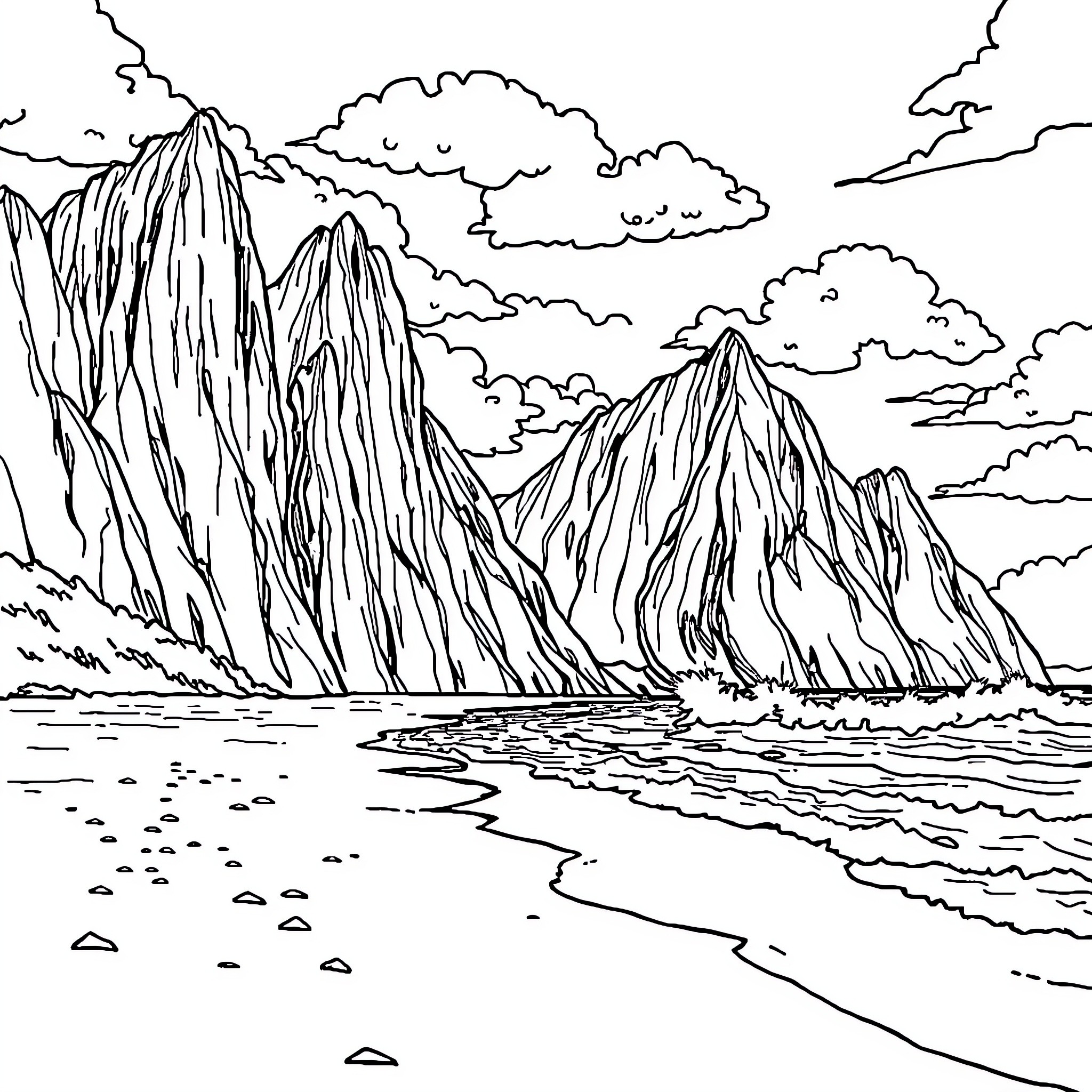 Beach Scene with Dramatic Mountainous Landscape Coloring Page (free black-and-white line drawing printable PDF for all, from beginners to advanced learners, including children, teens, adults, and seniors)