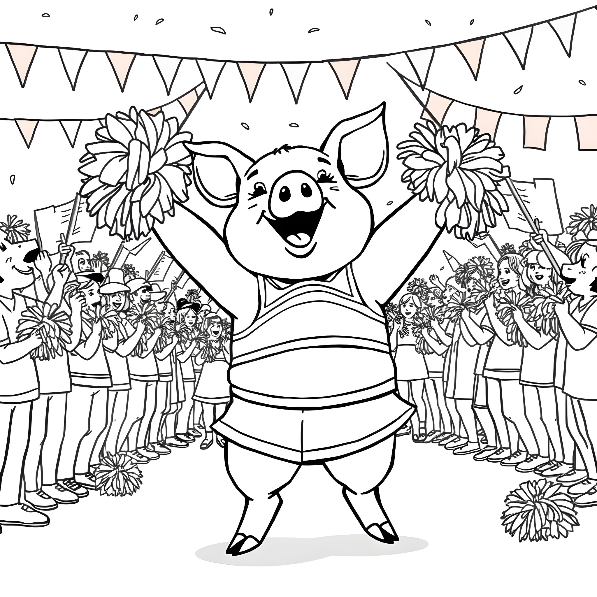 Pig cheerfully celebrating with party decorations Coloring Page (free black-and-white line drawing printable PDF for all, from beginners to advanced learners, including children, teens, adults, and seniors)
