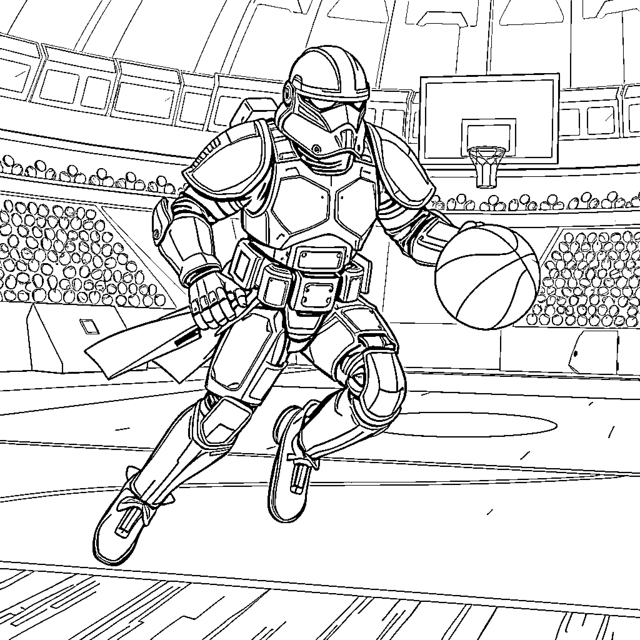 Space Marine in Action on Futuristic Court Coloring Page (free black-and-white line drawing printable PDF for all, from beginners to advanced learners, including children, teens, adults, and seniors)