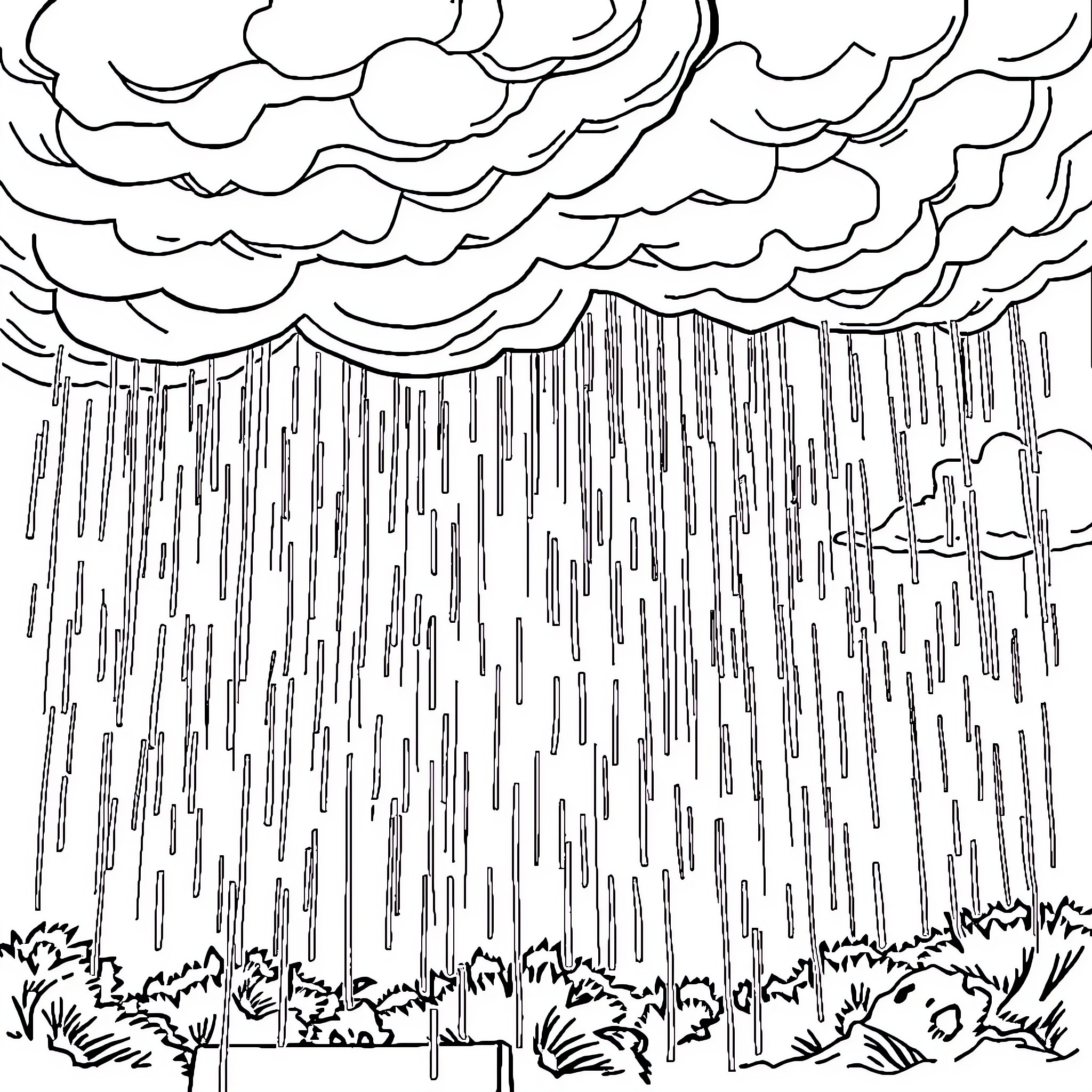 Sky raining heavily over the landscape Coloring Page (free black-and-white line drawing printable PDF for all, from beginners to advanced learners, including children, teens, adults, and seniors)