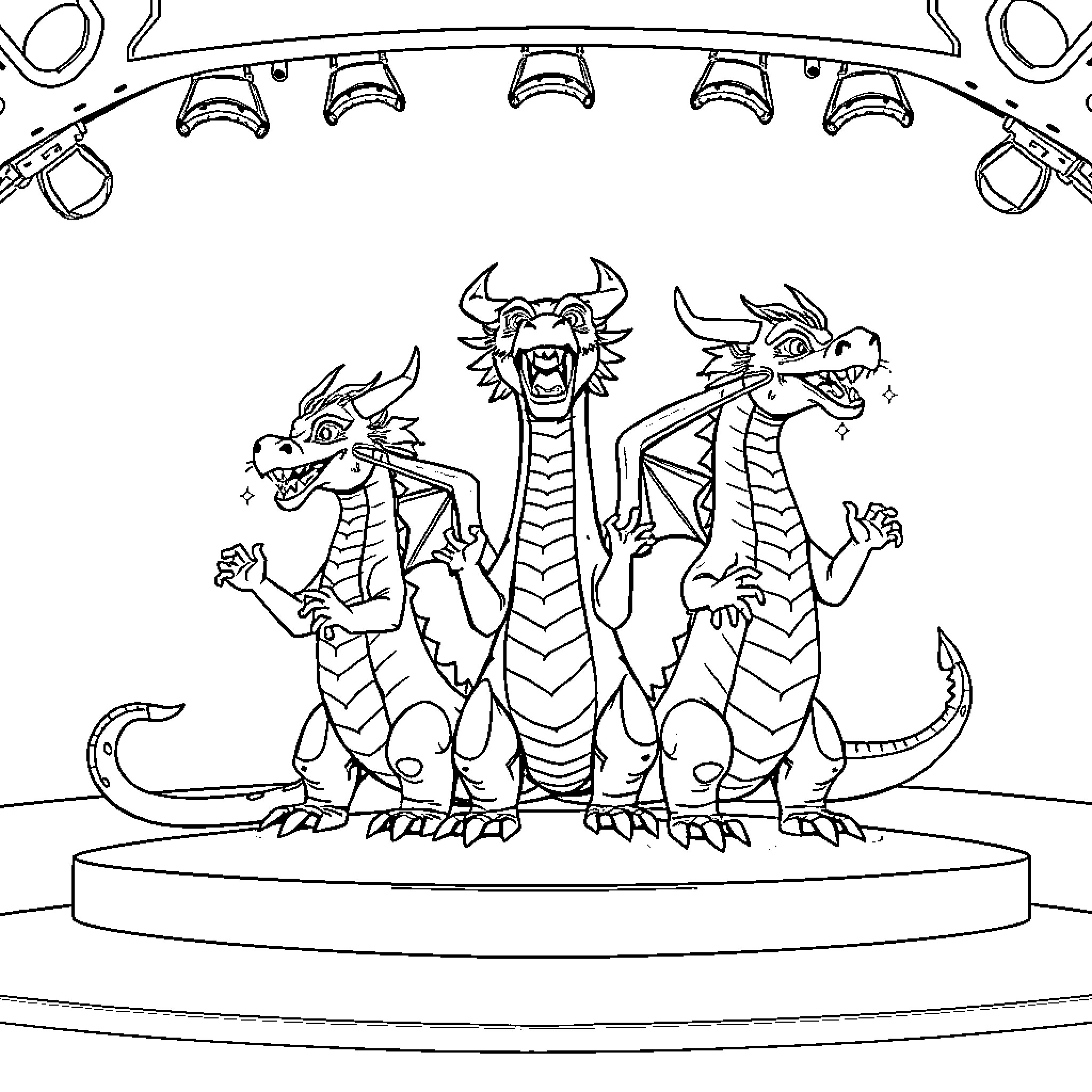 Dragon Trio Performing on Stage Coloring Page (free black-and-white line drawing printable PDF for all, from beginners to advanced learners, including children, teens, adults, and seniors)