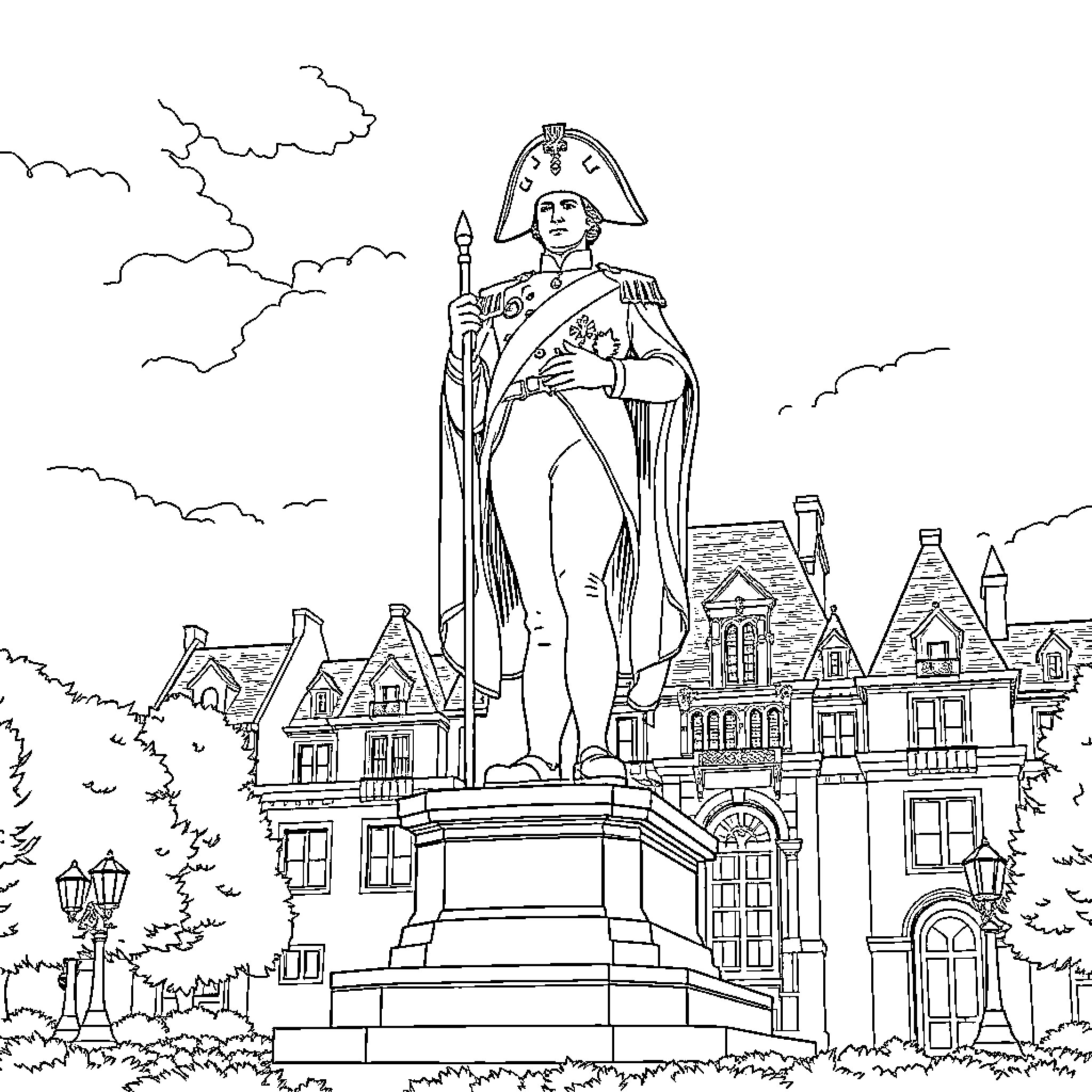 Napoleon standing tall in front of grand buildings Coloring Page (free black-and-white line drawing printable PDF for all, from beginners to advanced learners, including children, teens, adults, and seniors)