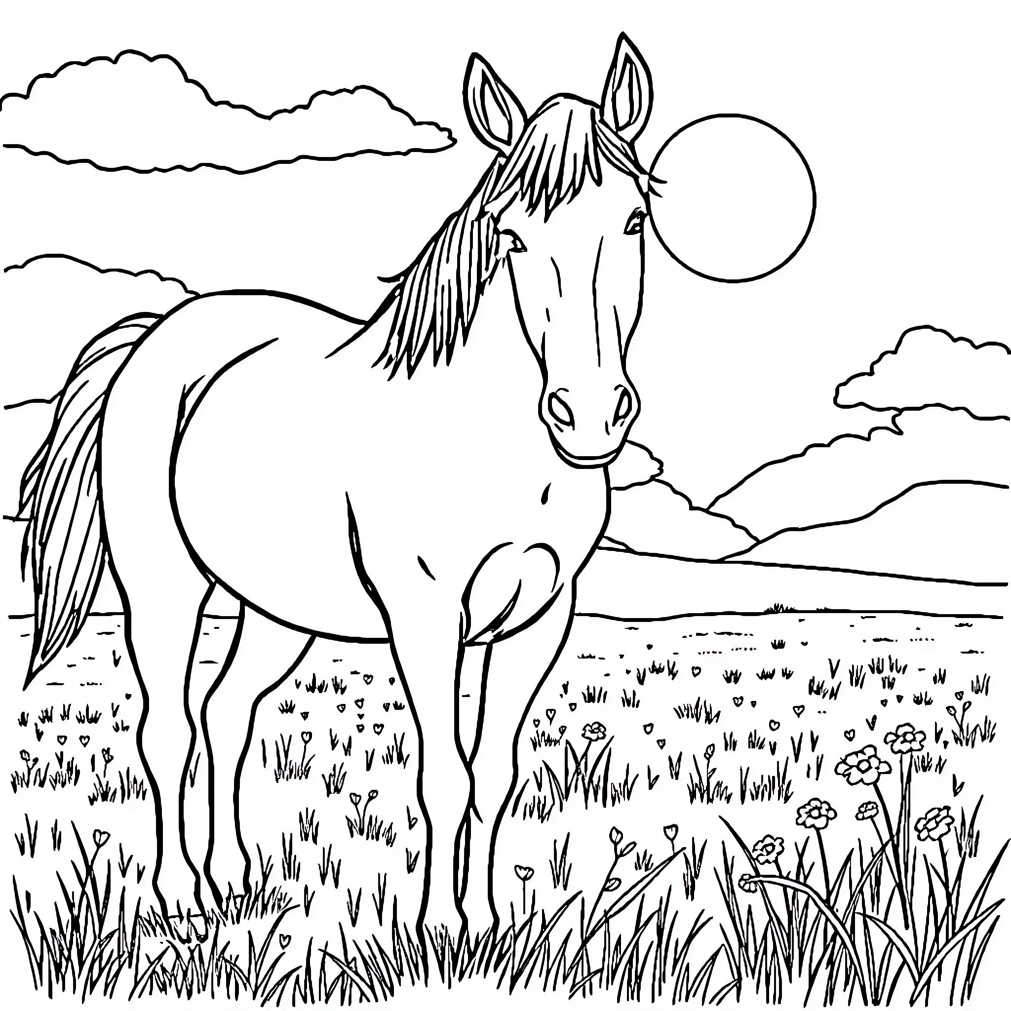 Horse standing in a grassy field at sunset Coloring Page (free black-and-white line drawing printable PDF for all, from beginners to advanced learners, including children, teens, adults, and seniors)