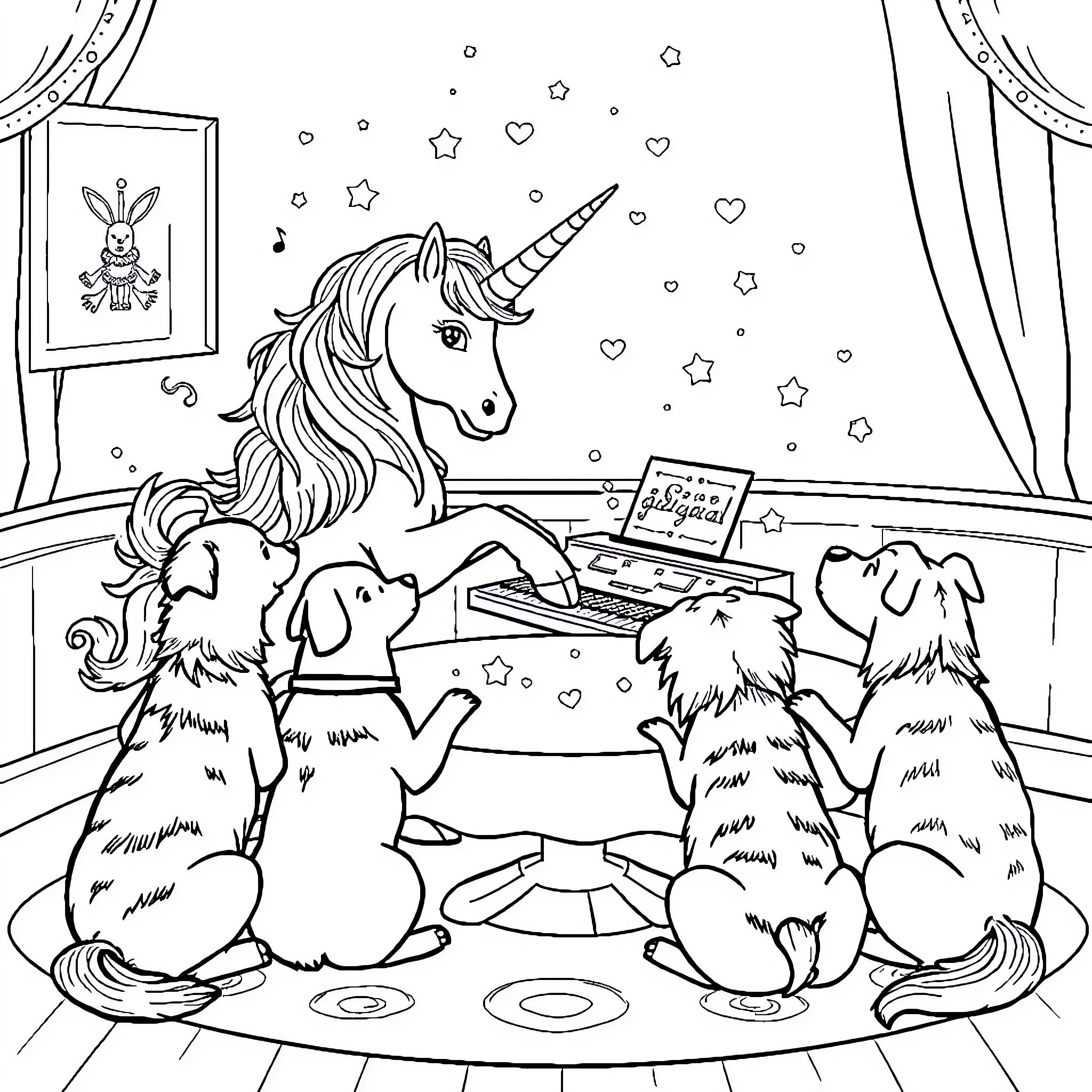 Unicorn and pets enjoying a magical evening together Coloring Page (free black-and-white line drawing printable PDF for all, from beginners to advanced learners, including children, teens, adults, and seniors)