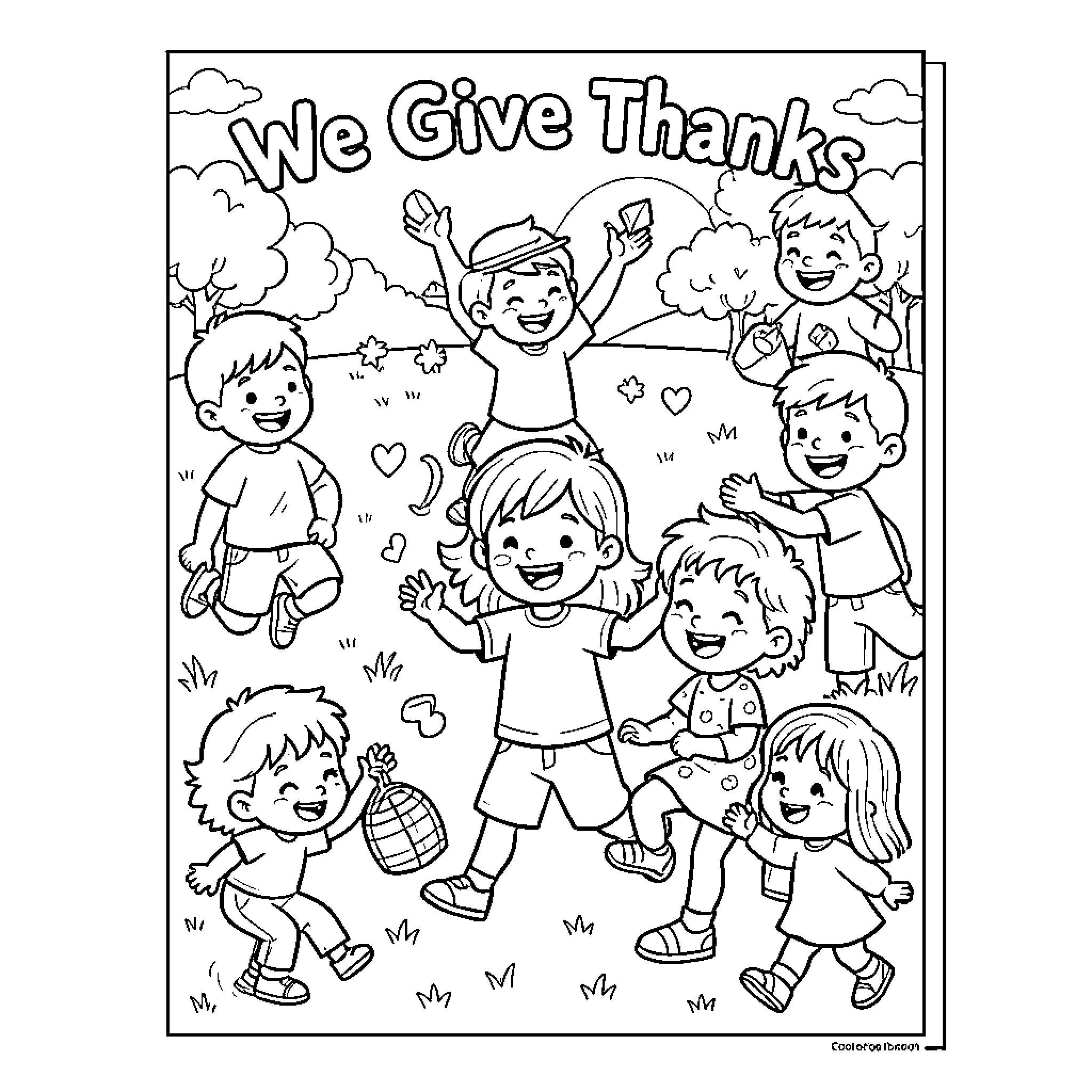 Children Expressing Gratitude and Happiness Coloring Page (free black-and-white line drawing printable PDF for all, from beginners to advanced learners, including children, teens, adults, and seniors)
