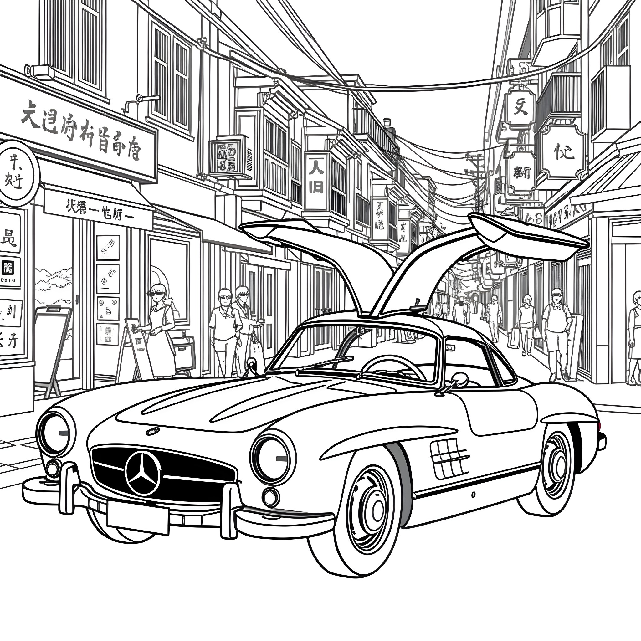Mercedes-Benz Classic Car in Bustling Urban Street Coloring Page (free black-and-white line drawing printable PDF for all, from beginners to advanced learners, including children, teens, adults, and seniors)