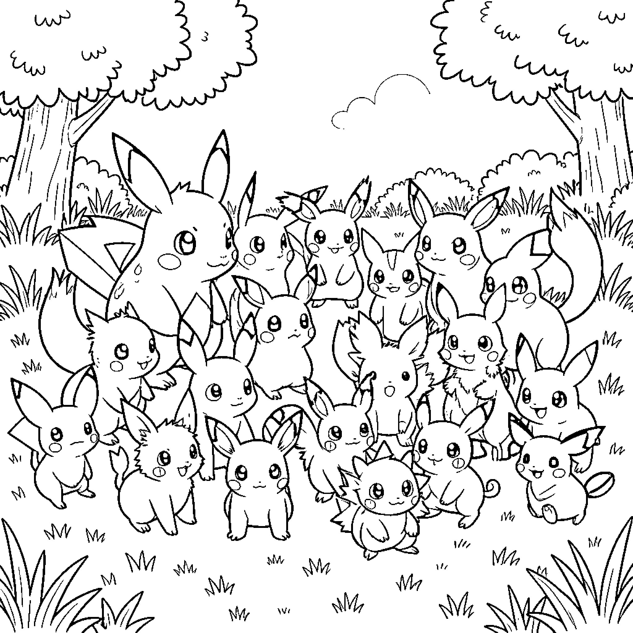Pokémon gathering together and smiling in a grassy field Coloring Page (free black-and-white line drawing printable PDF for all, from beginners to advanced learners, including children, teens, adults, and seniors)