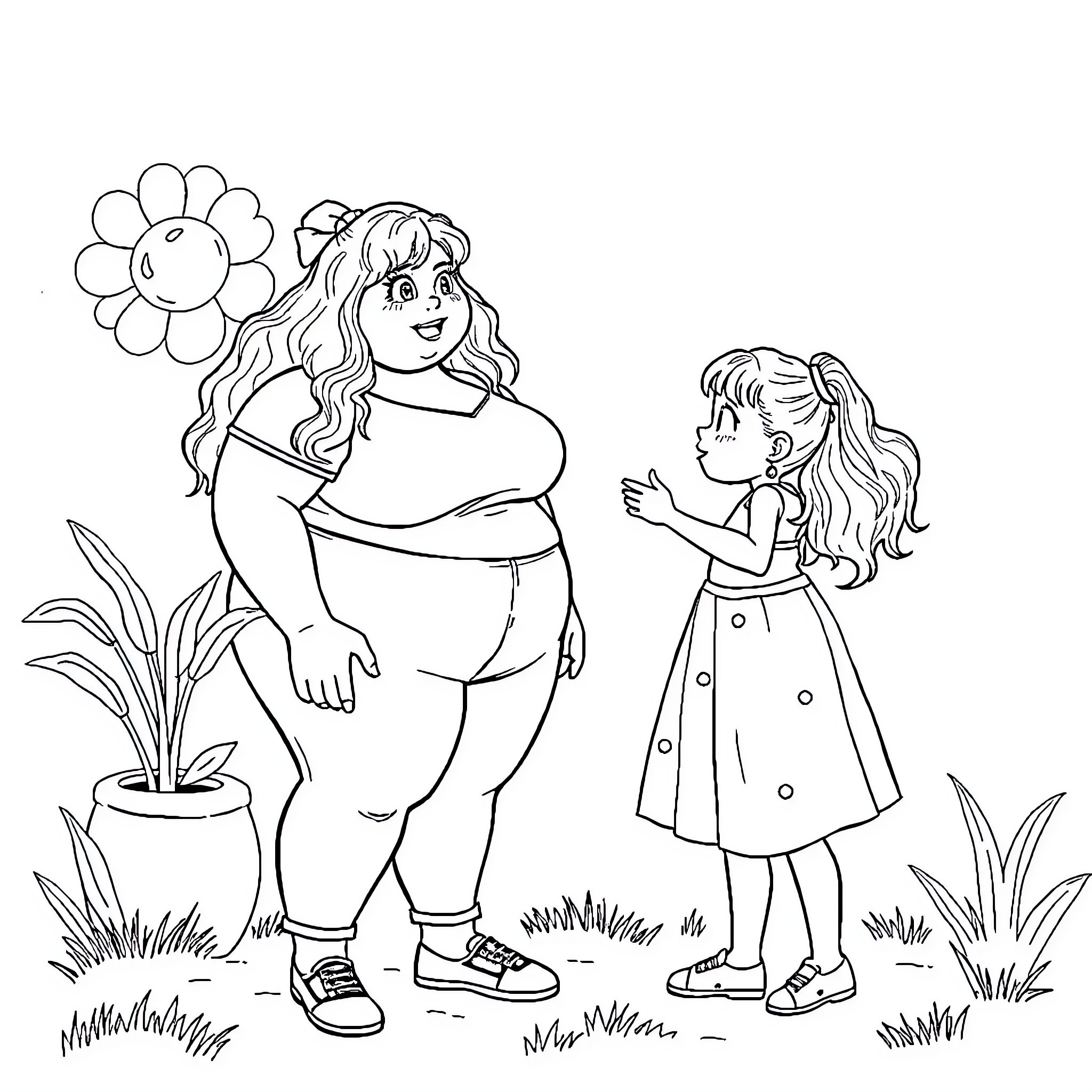Girl and Young Girl Interact in a Garden Coloring Page (free black-and-white line drawing printable PDF for all, from beginners to advanced learners, including children, teens, adults, and seniors)