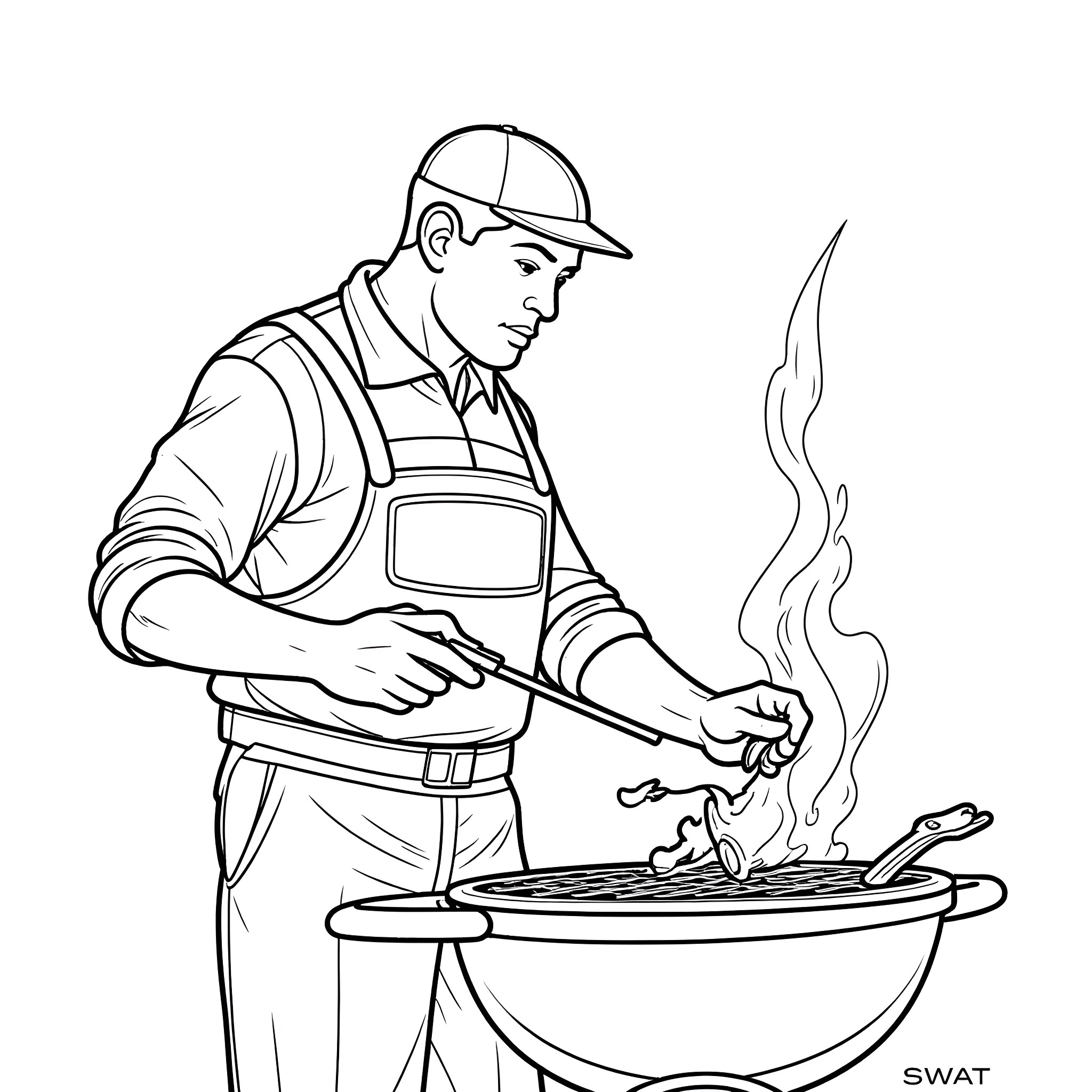 Hondo grilling outdoors with smoking grill Coloring Page (free black-and-white line drawing printable PDF for all, from beginners to advanced learners, including children, teens, adults, and seniors)