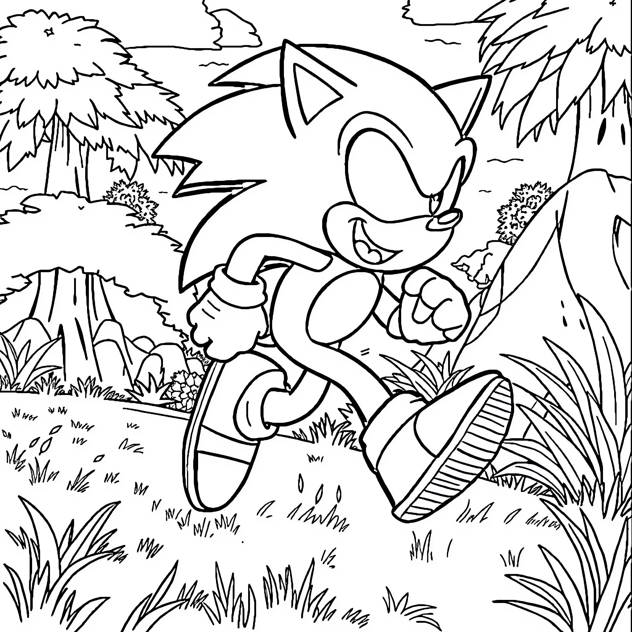 Sonic running through the vibrant forest Coloring Page (free black-and-white line drawing printable PDF for all, from beginners to advanced learners, including children, teens, adults, and seniors)