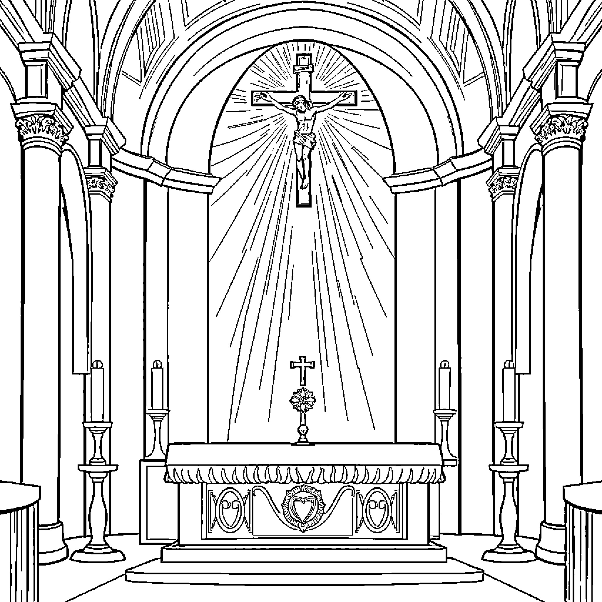 Church interior with ornate altar and crucifix Coloring Page (free black-and-white line drawing printable PDF for all, from beginners to advanced learners, including children, teens, adults, and seniors)