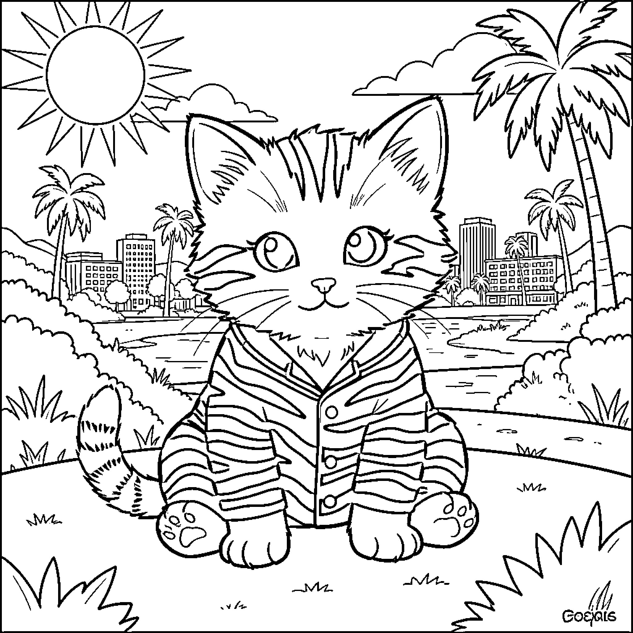 Kitten enjoying the sunny day in the city Coloring Page (free black-and-white line drawing printable PDF for all, from beginners to advanced learners, including children, teens, adults, and seniors)