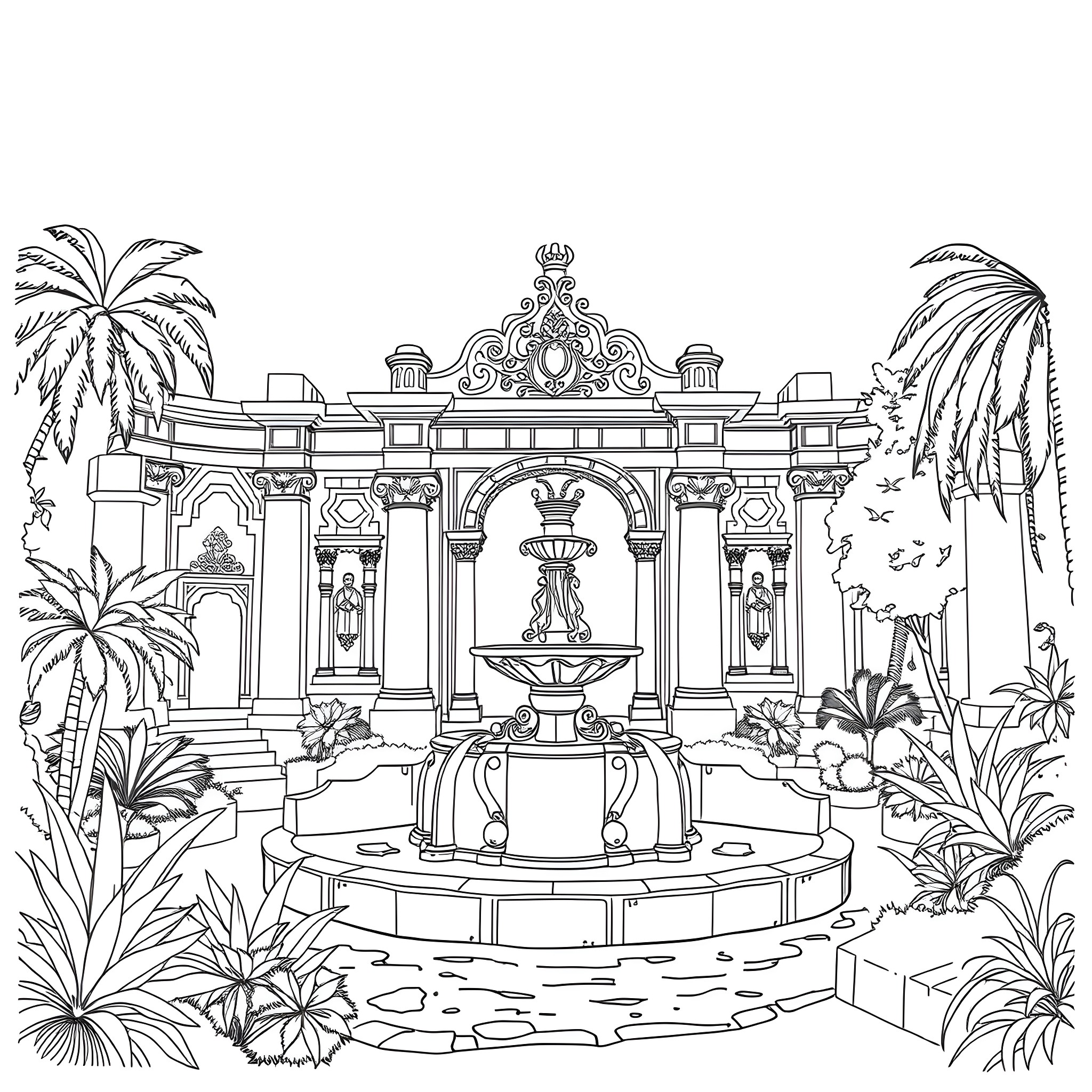 Fountain with Ornate Architecture in Tropical Garden Coloring Page (free black-and-white line drawing printable PDF for all, from beginners to advanced learners, including children, teens, adults, and seniors)