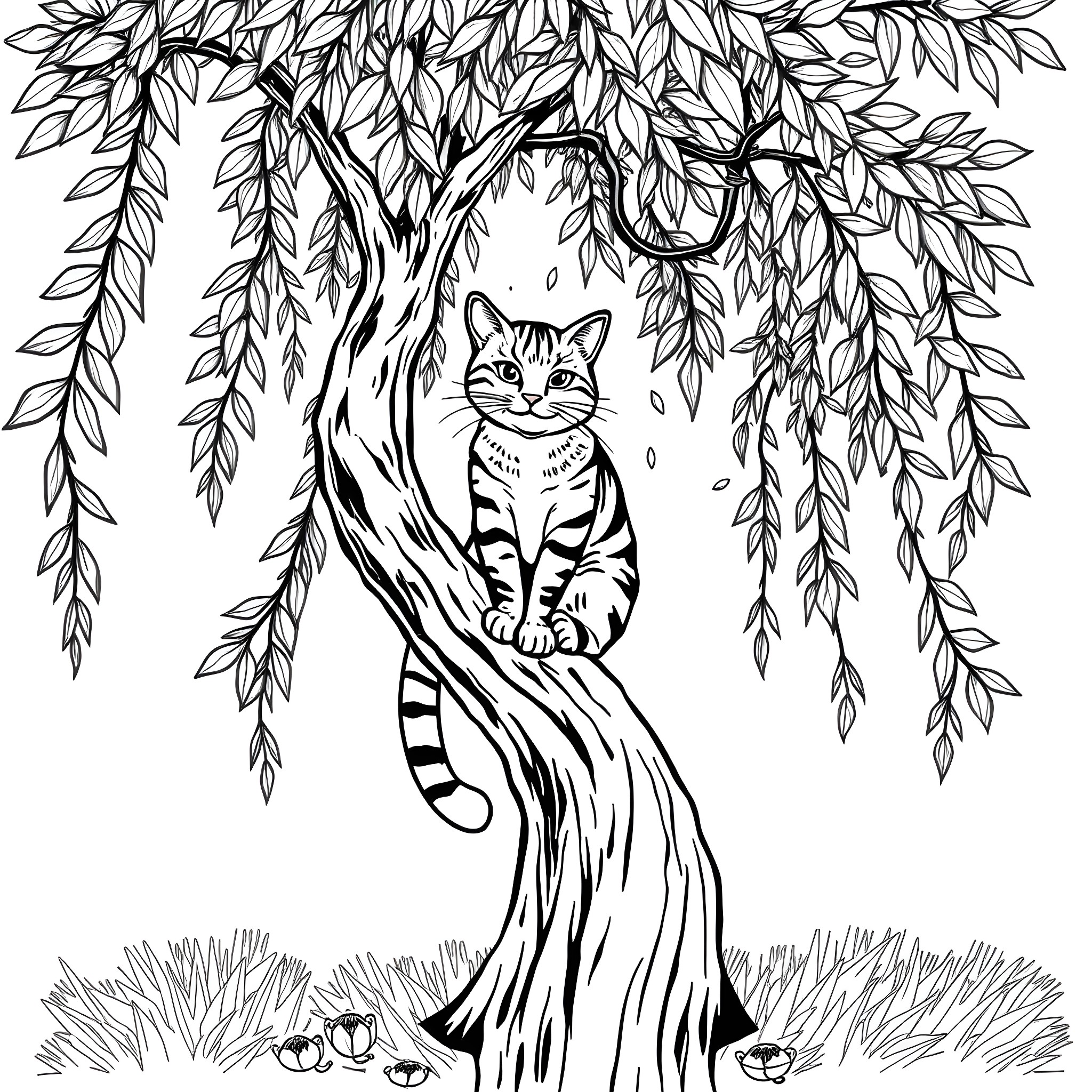 Cat resting peacefully under a leafy tree Coloring Page (free black-and-white line drawing printable PDF for all, from beginners to advanced learners, including children, teens, adults, and seniors)