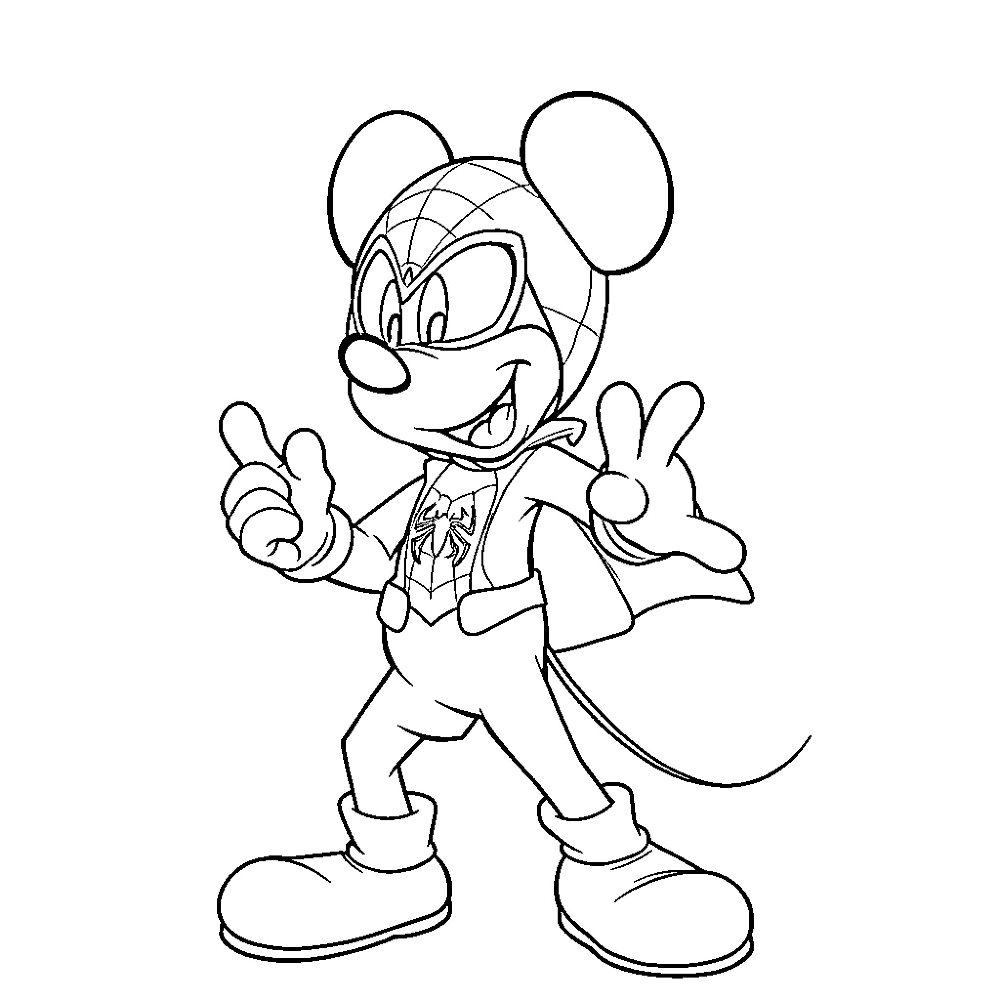 Mickey Mouse making a peace sign Coloring Page (free black-and-white line drawing printable PDF for all, from beginners to advanced learners, including children, teens, adults, and seniors)