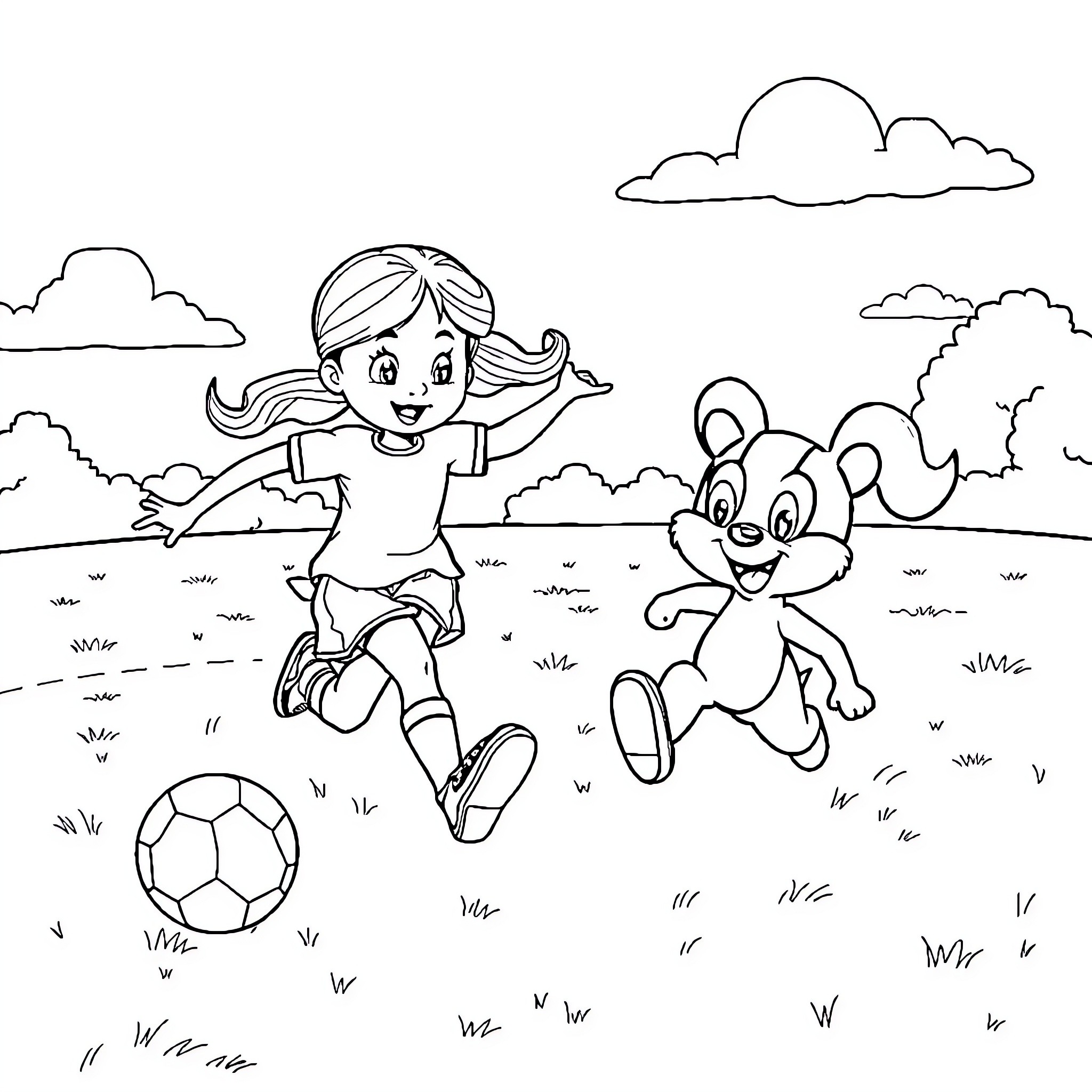 Gabby playing happily with her puppy friend on the field Coloring Page (free black-and-white line drawing printable PDF for all, from beginners to advanced learners, including children, teens, adults, and seniors)