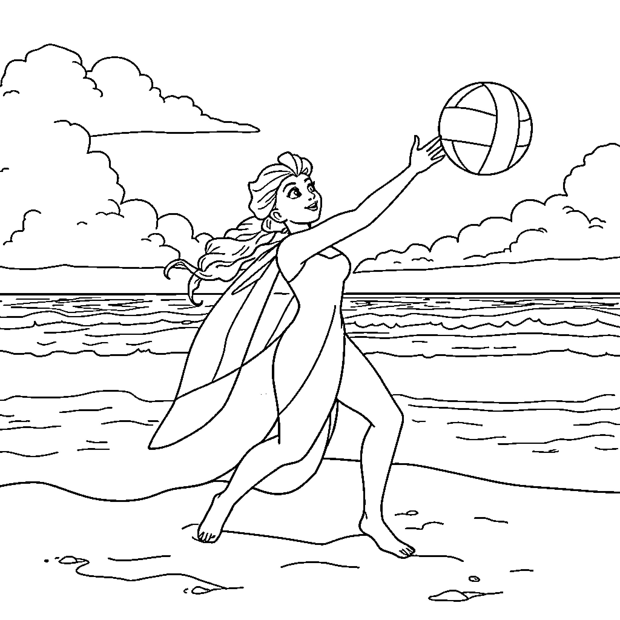 Elsa playing volleyball on the beach Coloring Page (free black-and-white line drawing printable PDF for all, from beginners to advanced learners, including children, teens, adults, and seniors)