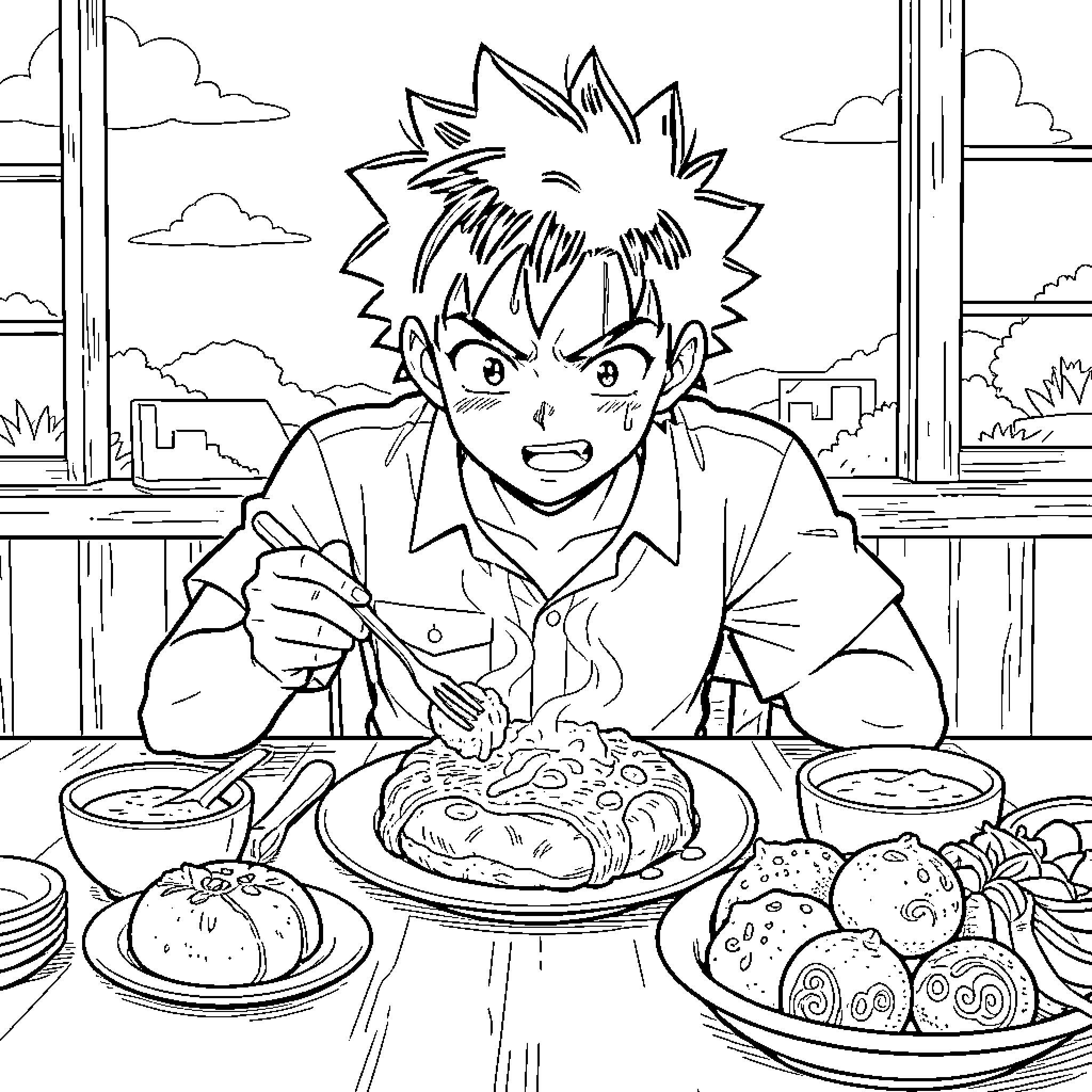 Toriko eating a large meal with enthusiasm Coloring Page (free black-and-white line drawing printable PDF for all, from beginners to advanced learners, including children, teens, adults, and seniors)