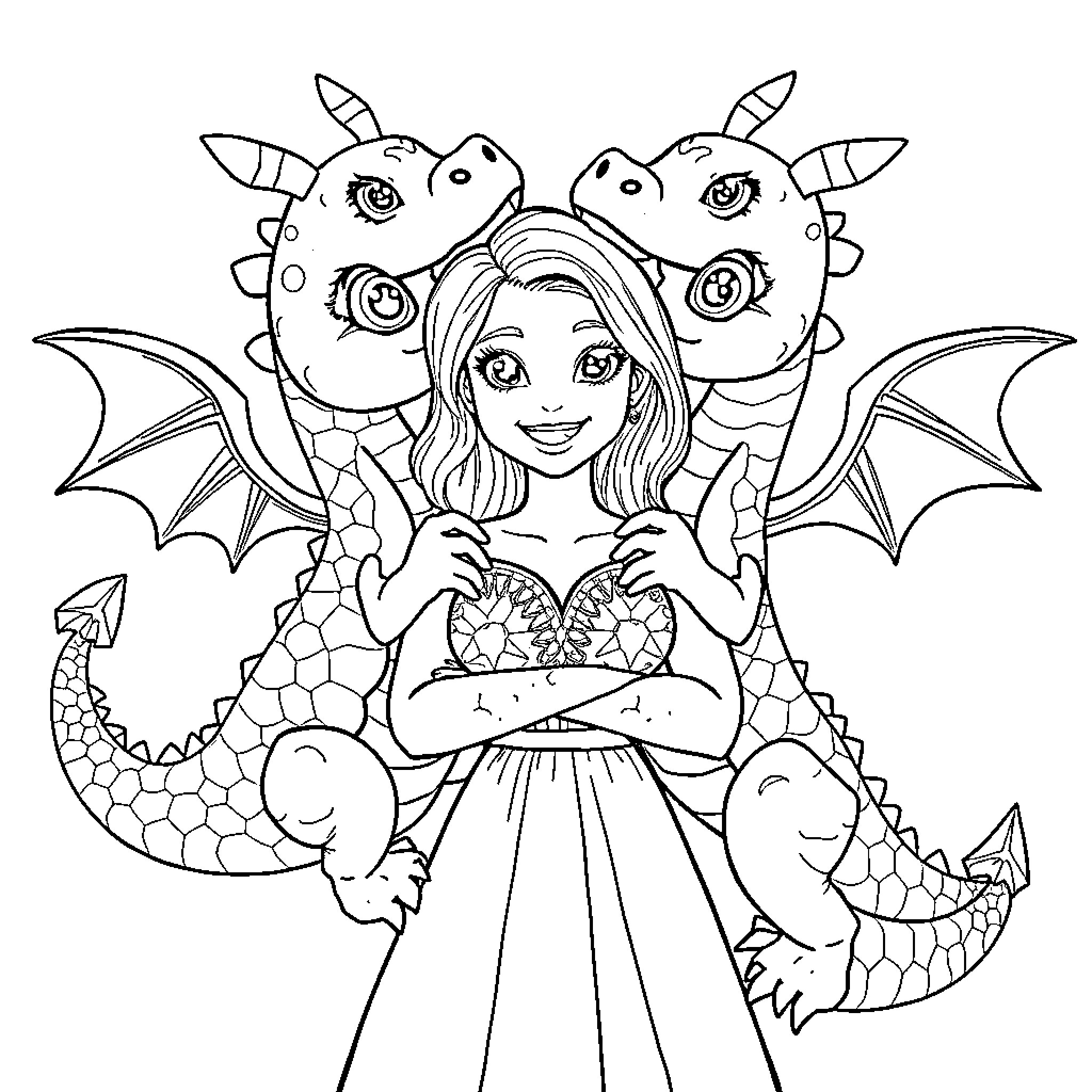Dragon Princess Surrounded by Friendly Creatures Coloring Page (free black-and-white line drawing printable PDF for all, from beginners to advanced learners, including children, teens, adults, and seniors)