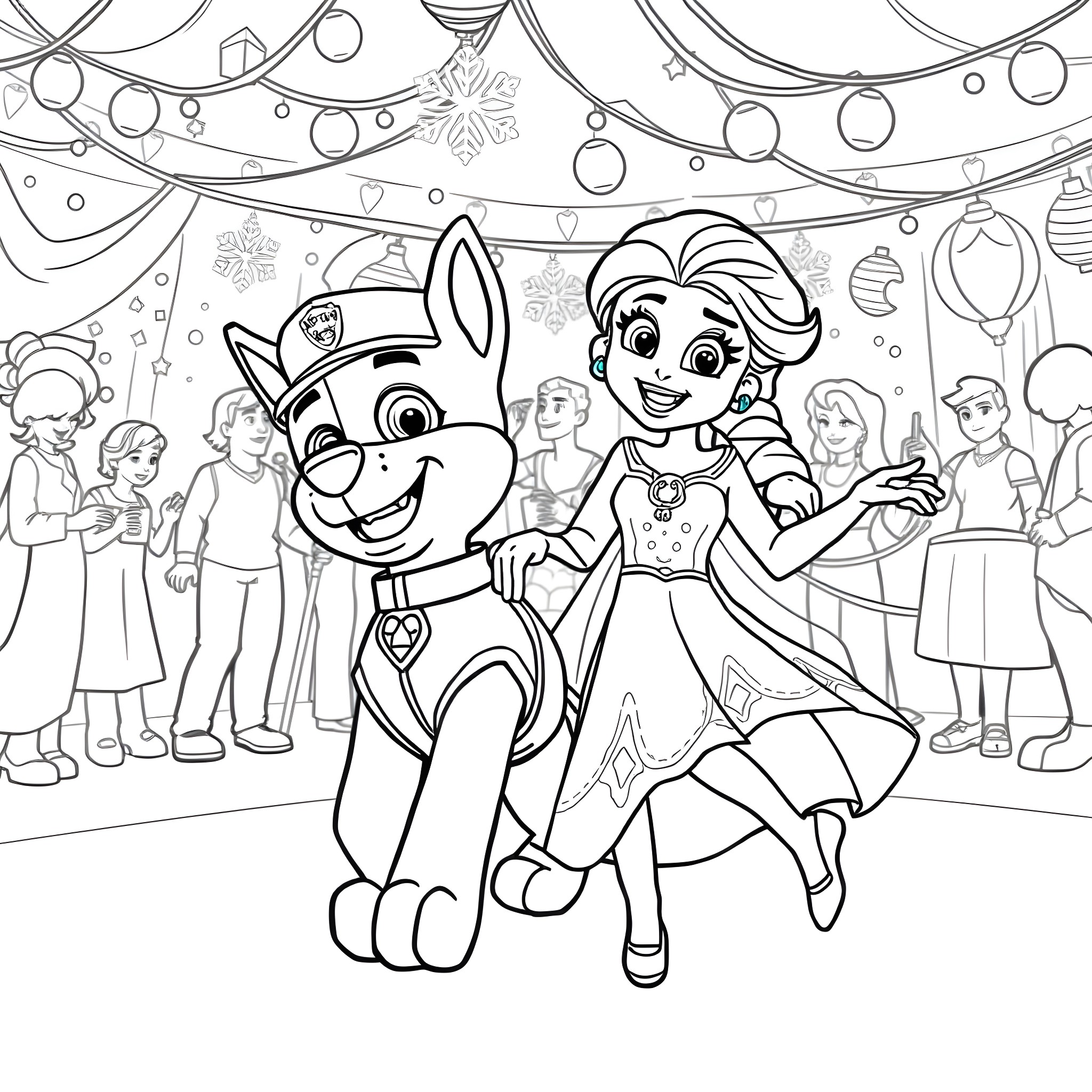 Chase the Heroic Pup and the Joyful Princess Coloring Page (free black-and-white line drawing printable PDF for all, from beginners to advanced learners, including children, teens, adults, and seniors)