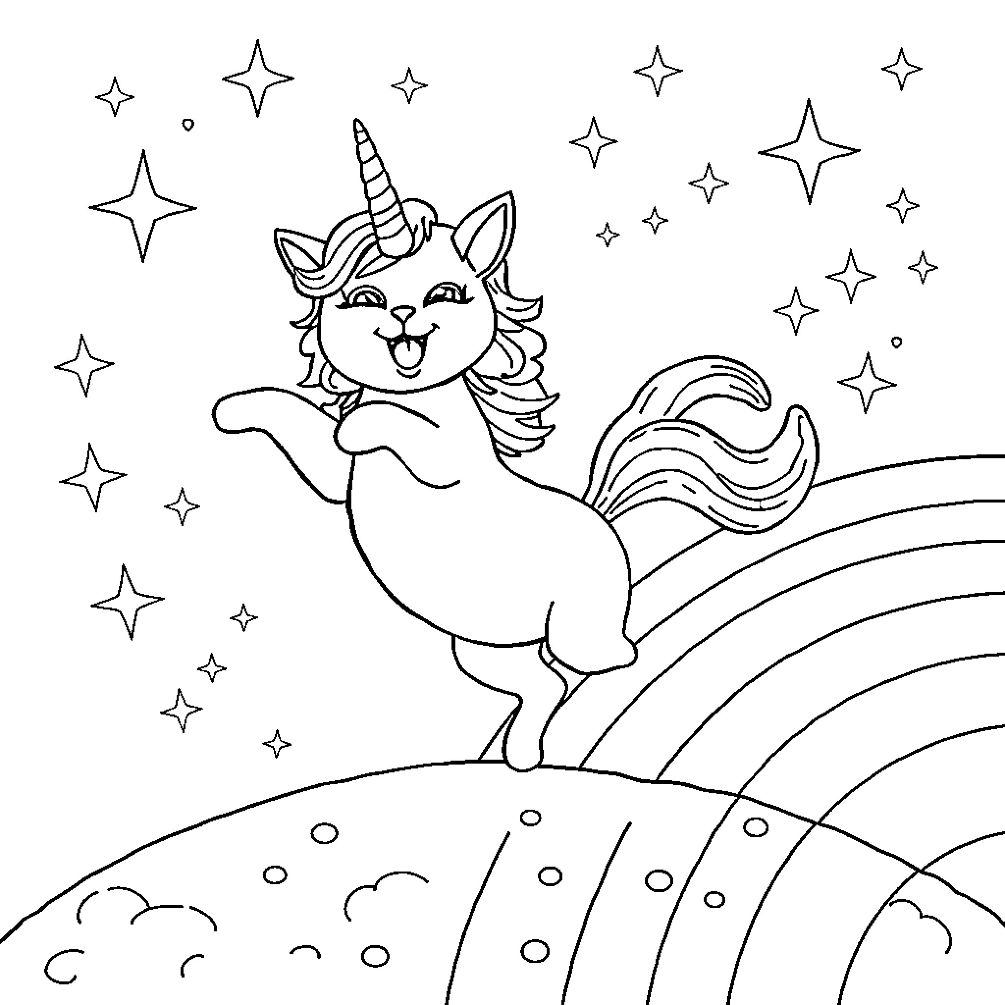 Cat Unicorn joyfully dancing among the stars Coloring Page (free black-and-white line drawing printable PDF for all, from beginners to advanced learners, including children, teens, adults, and seniors)