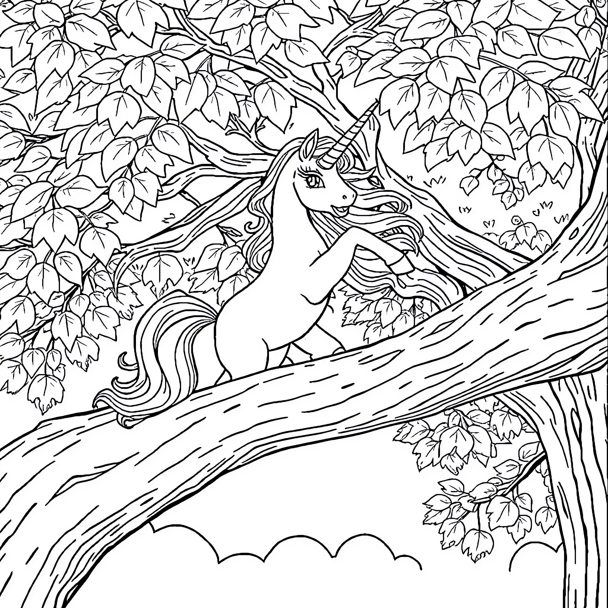 Unicorn resting peacefully in the forest Coloring Page (free black-and-white line drawing printable PDF for all, from beginners to advanced learners, including children, teens, adults, and seniors)